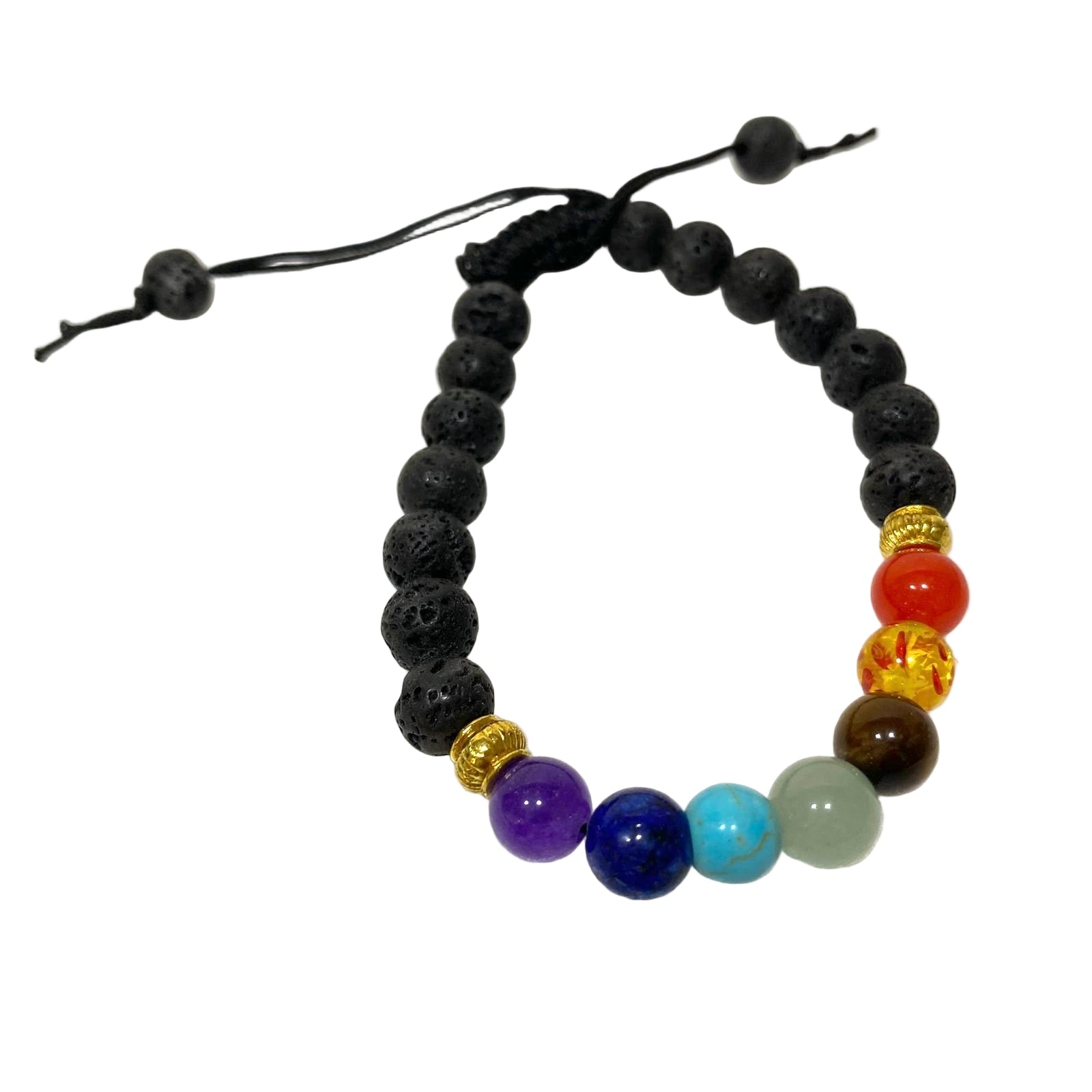 Black beaded bracelet with colorful beads on a white background