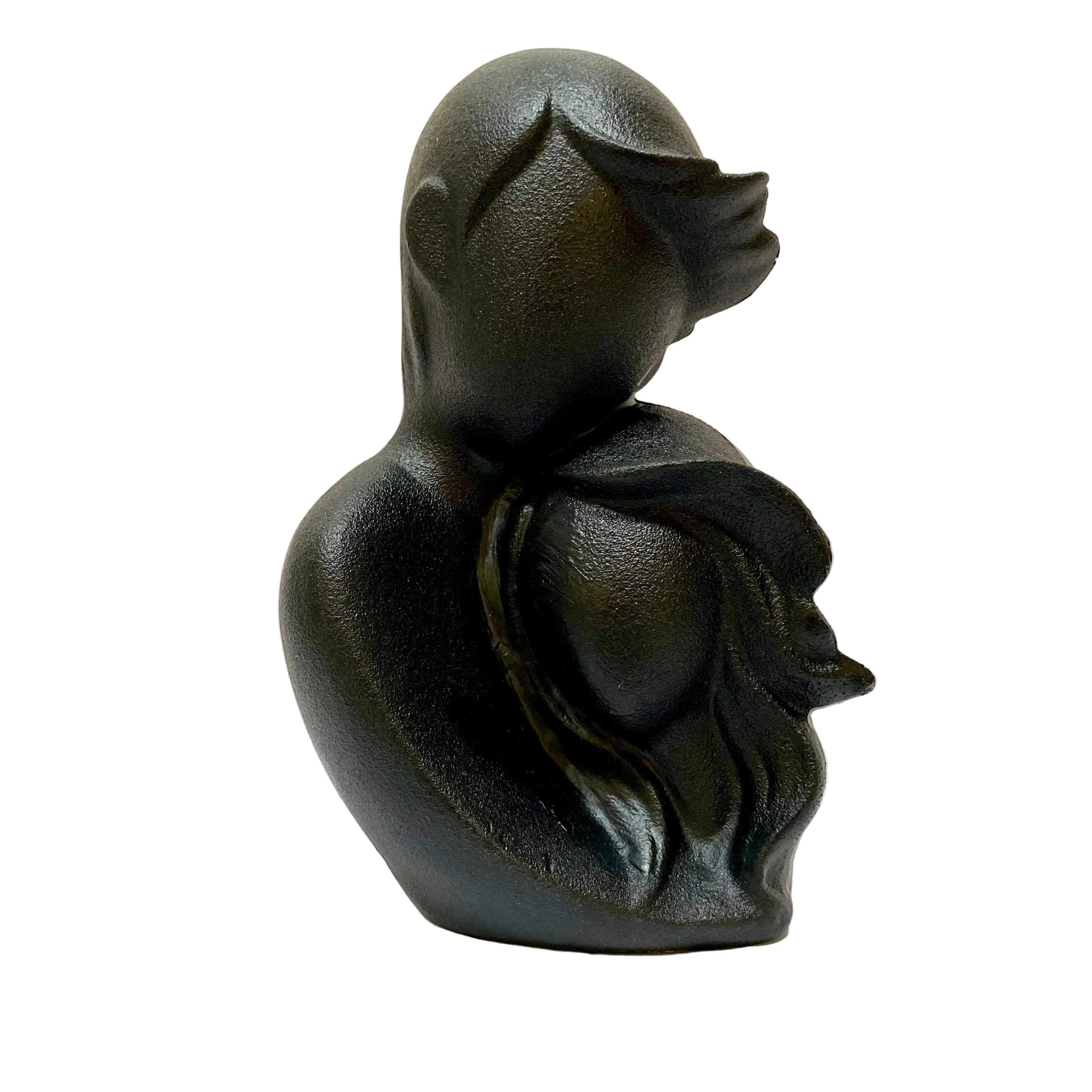 Black ceramic duck sculpture on a white background