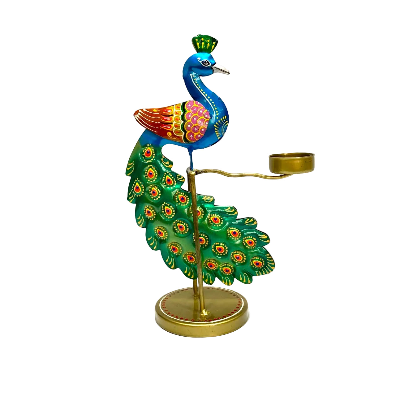 A decorative peacock figurine with a gold-toned metal stand and candle holder, featuring a blue head, multicolored body, and a green tail with red and yellow eye-like patterns.