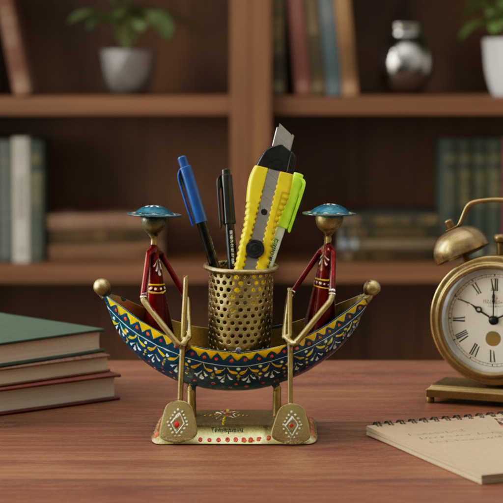 Boat Multicolor Hand Painted Traditionally Utility Pen Stand Crafts By Tamrapatra - Tamrapatra