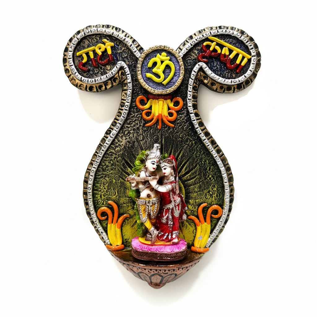 Decorative wall hanging with figures and symbols on a white background