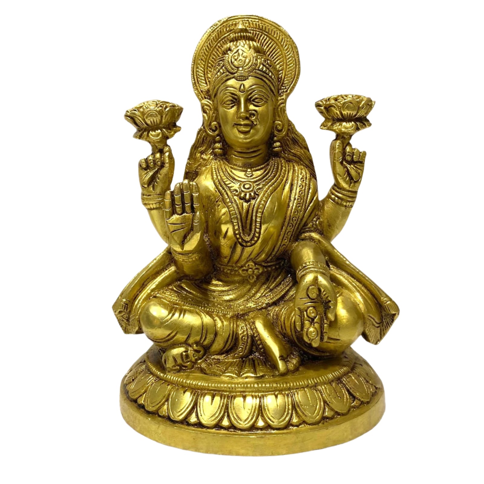 Brass statue of a seated figure with lotus flowers on either side against a white background
