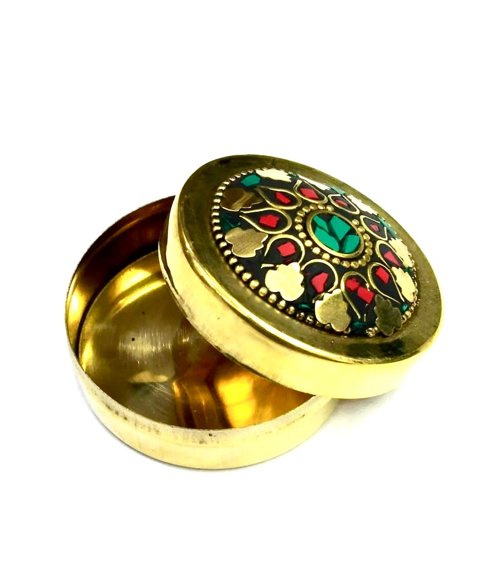 Brass Gemstone Art Dibbi For Storage Of Jewelry Gifting Handcrafted Tamrapatra
