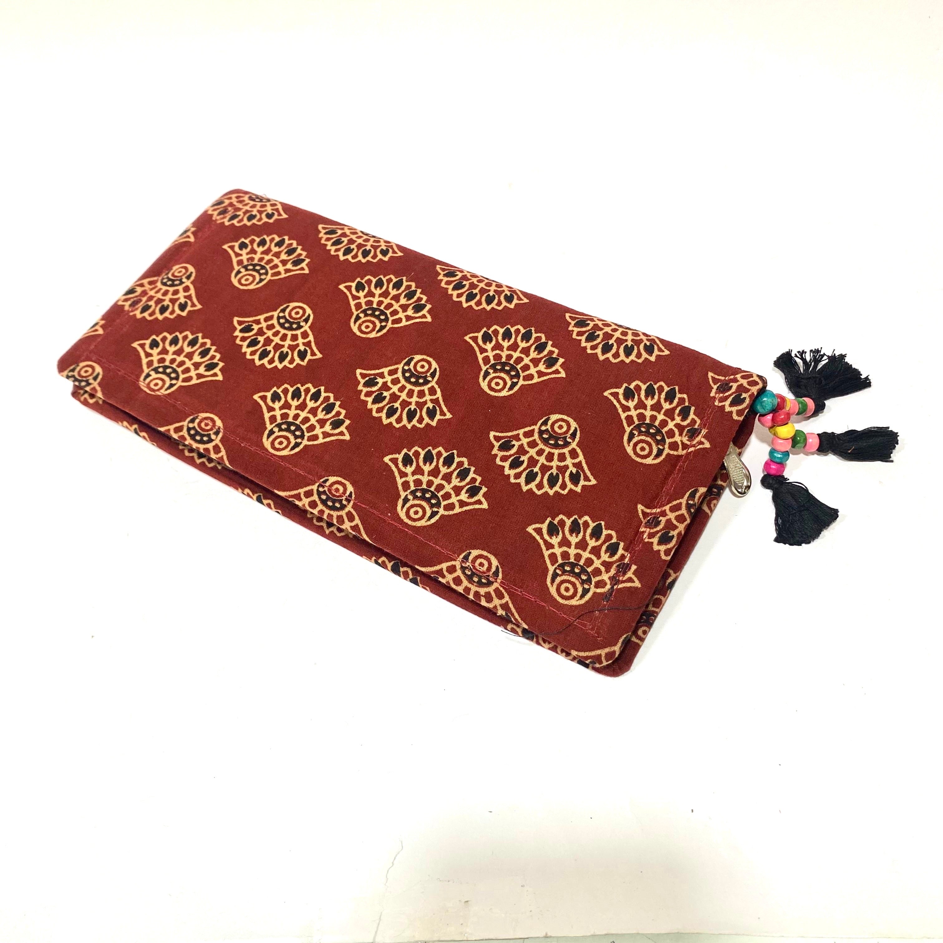 Cotton Embroidery Block Print Purse With Mirrors Styled With Beads By Tamrapatra