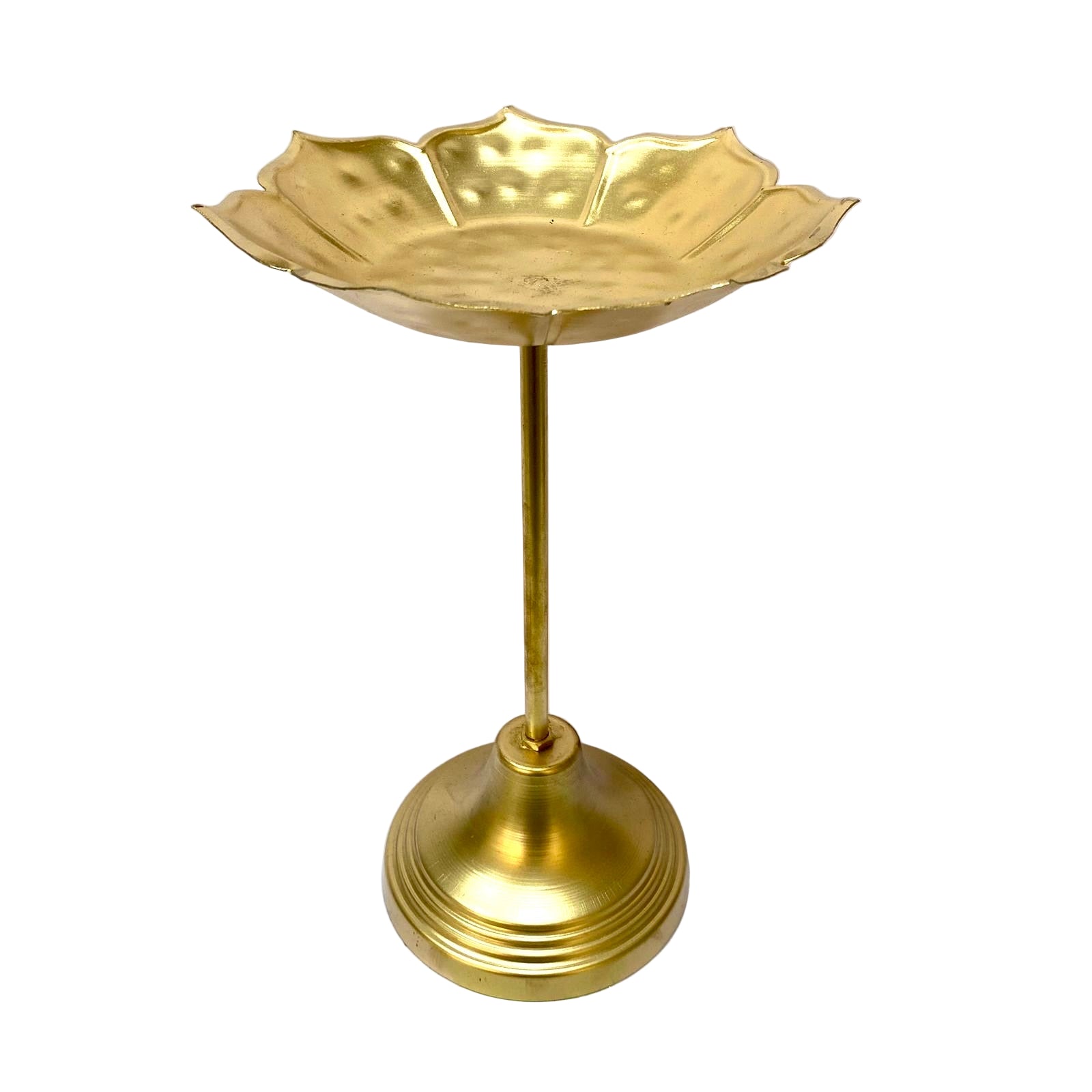 Gold-colored decorative stand with a leaf-like top on a white background