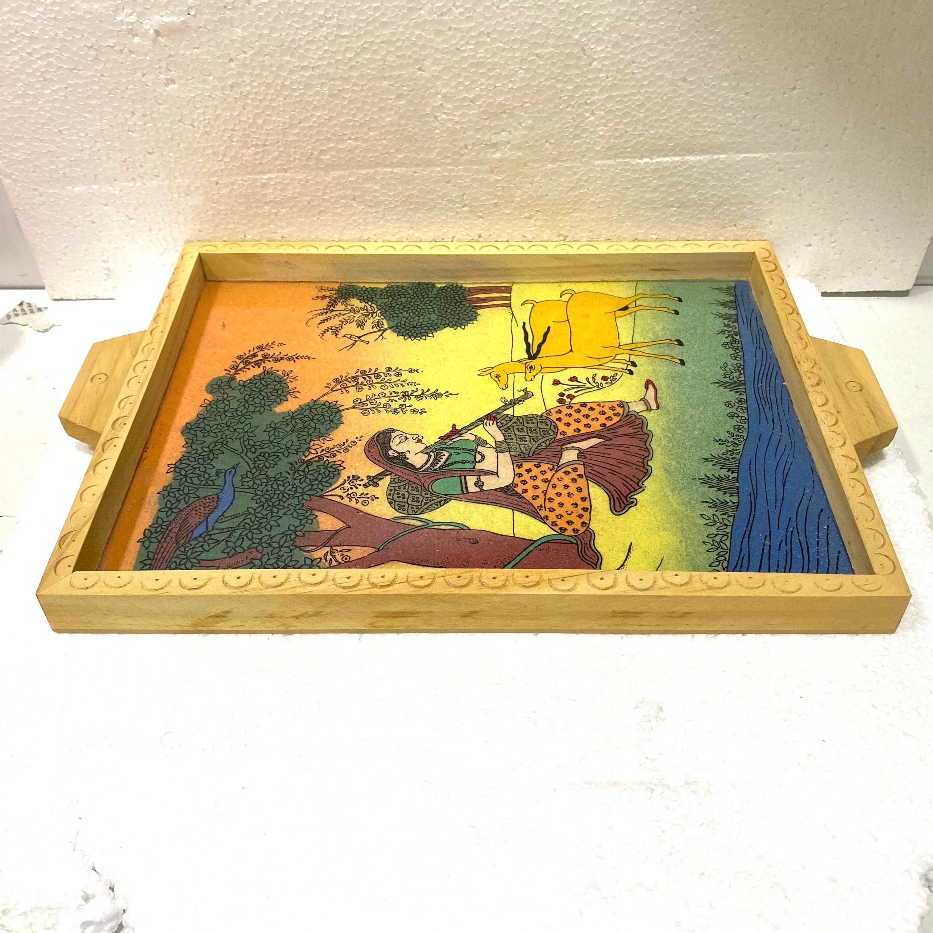 Wooden Gemstone Tray Ragini Painting Style Handmade Gifts Tamrapatra - Tamrapatra