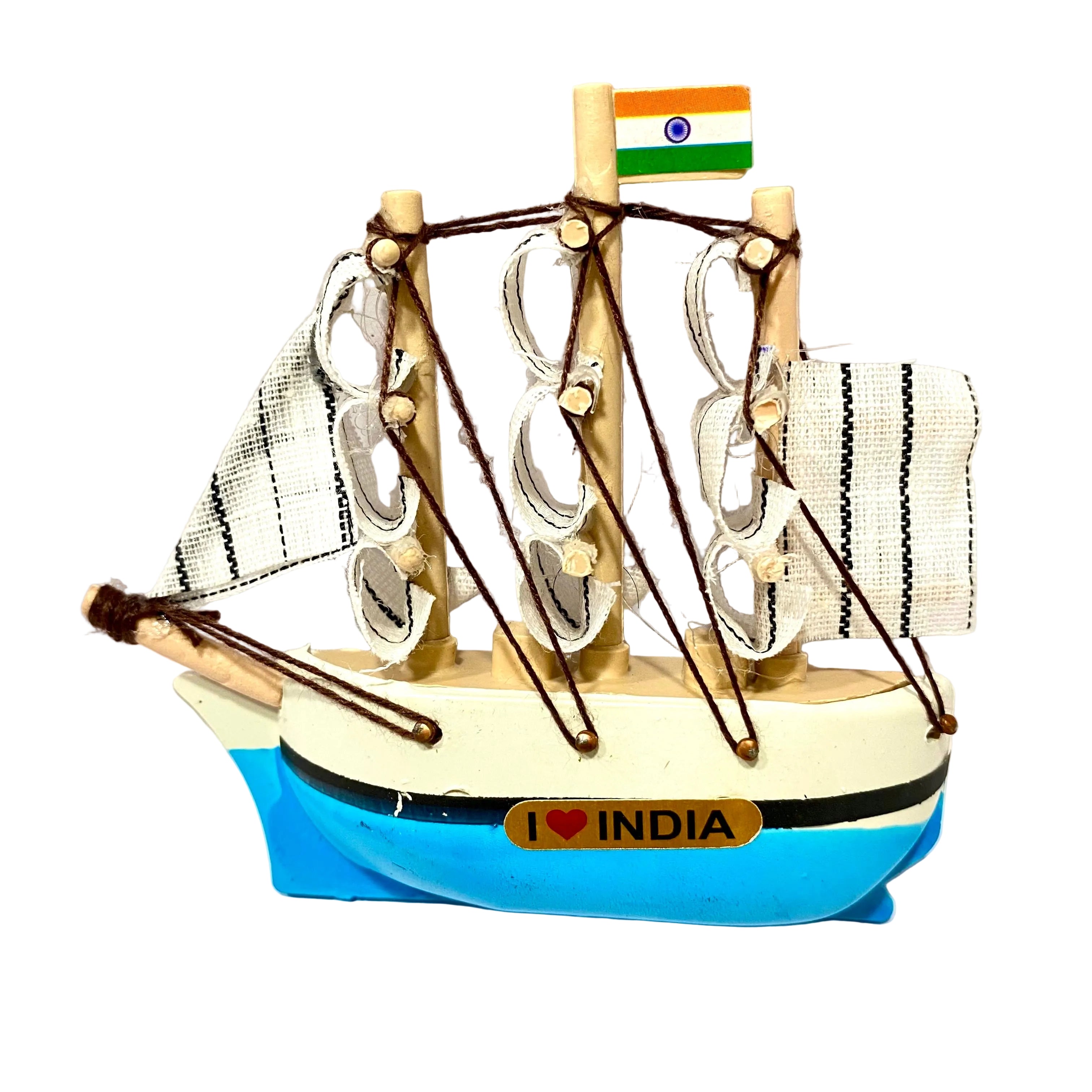 Model ship with 'I ❤️ India' on a white background