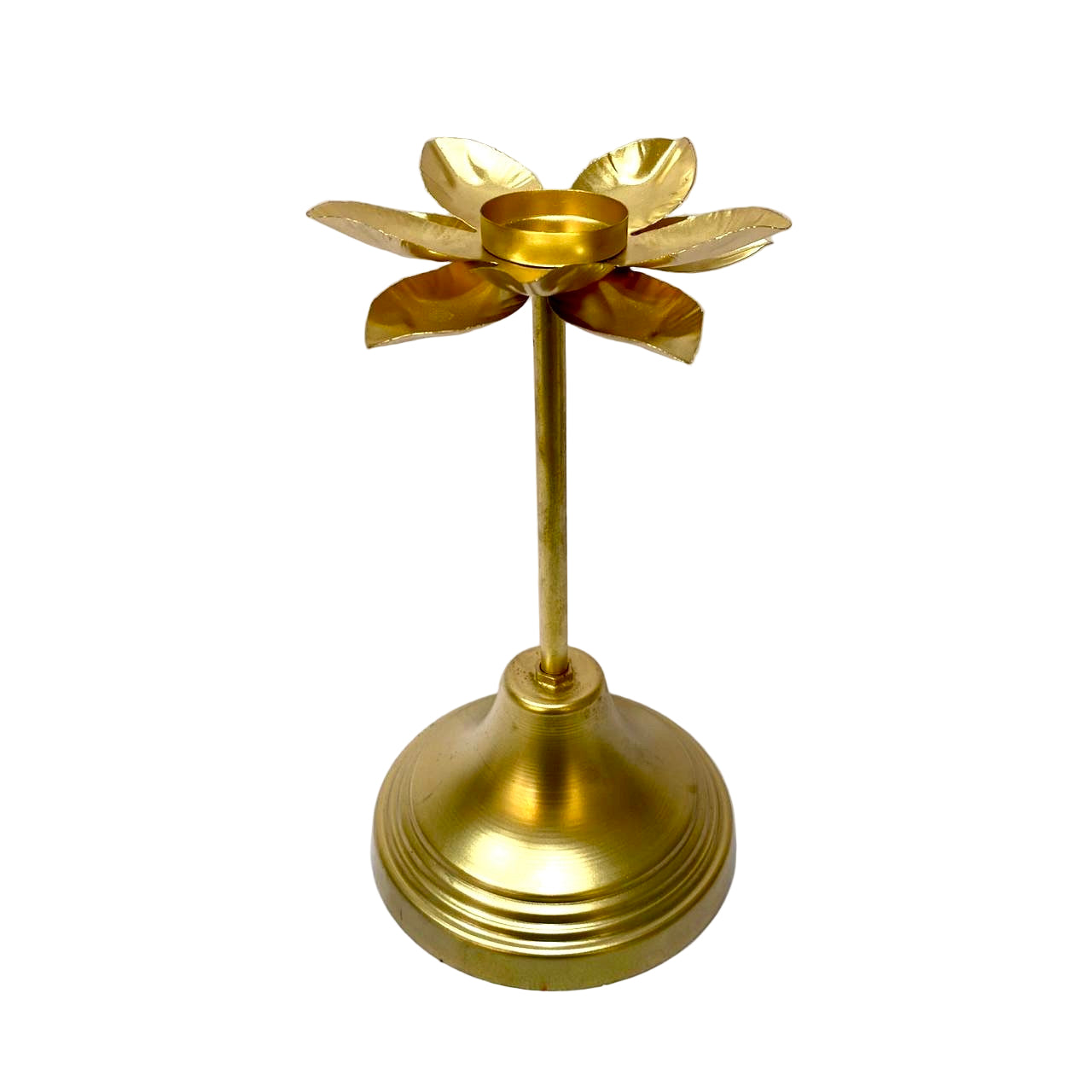 Brass flower-shaped candle holder on a white background