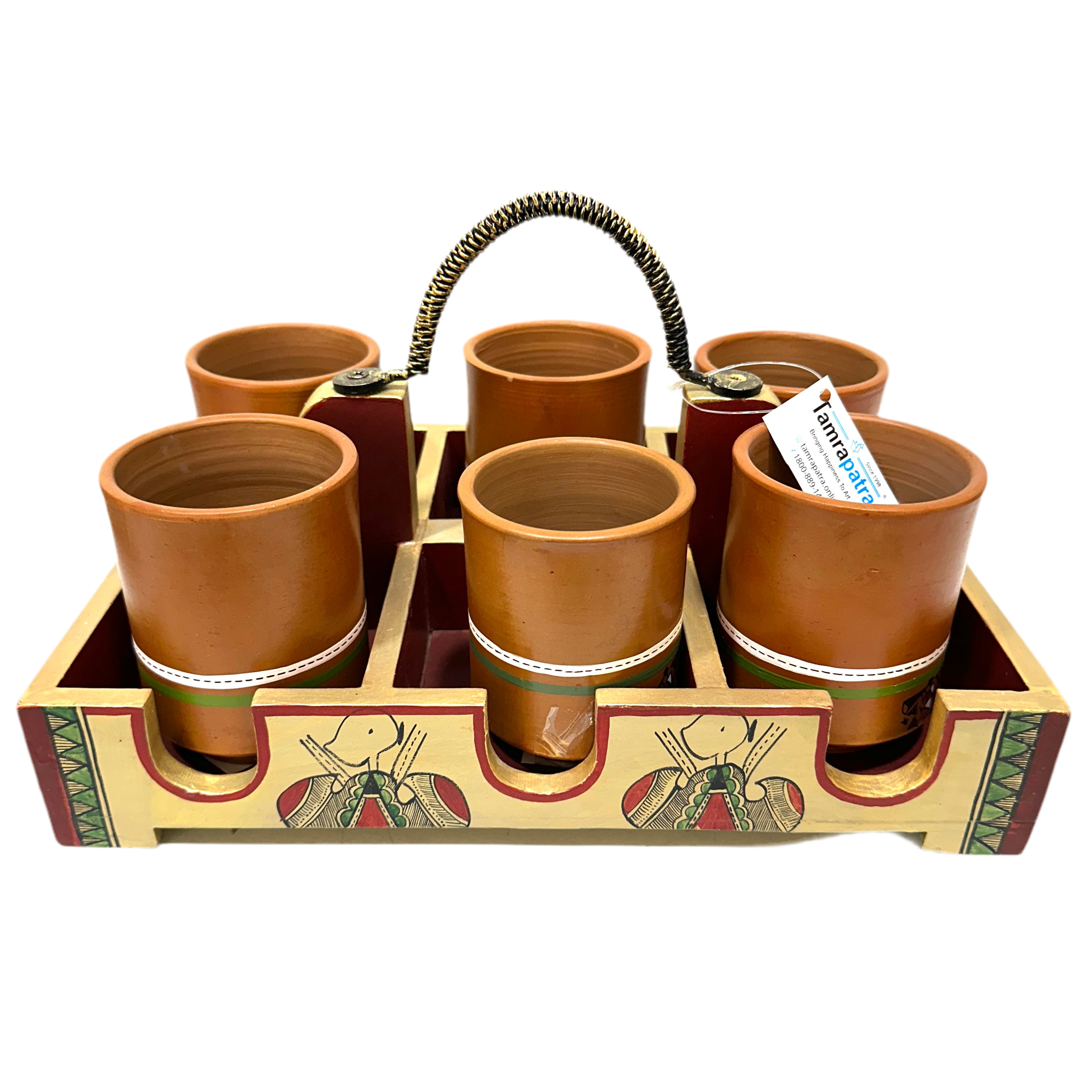 Cup Glass Holder Tray With Partition Hand Painted Utility Kitchen Decor Tamrapatra