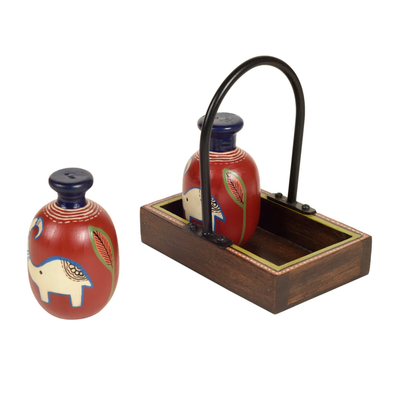 Salt Pepper Shakers In Terracotta Hand Painted In Wooden Tray Utility By Tamrapatra