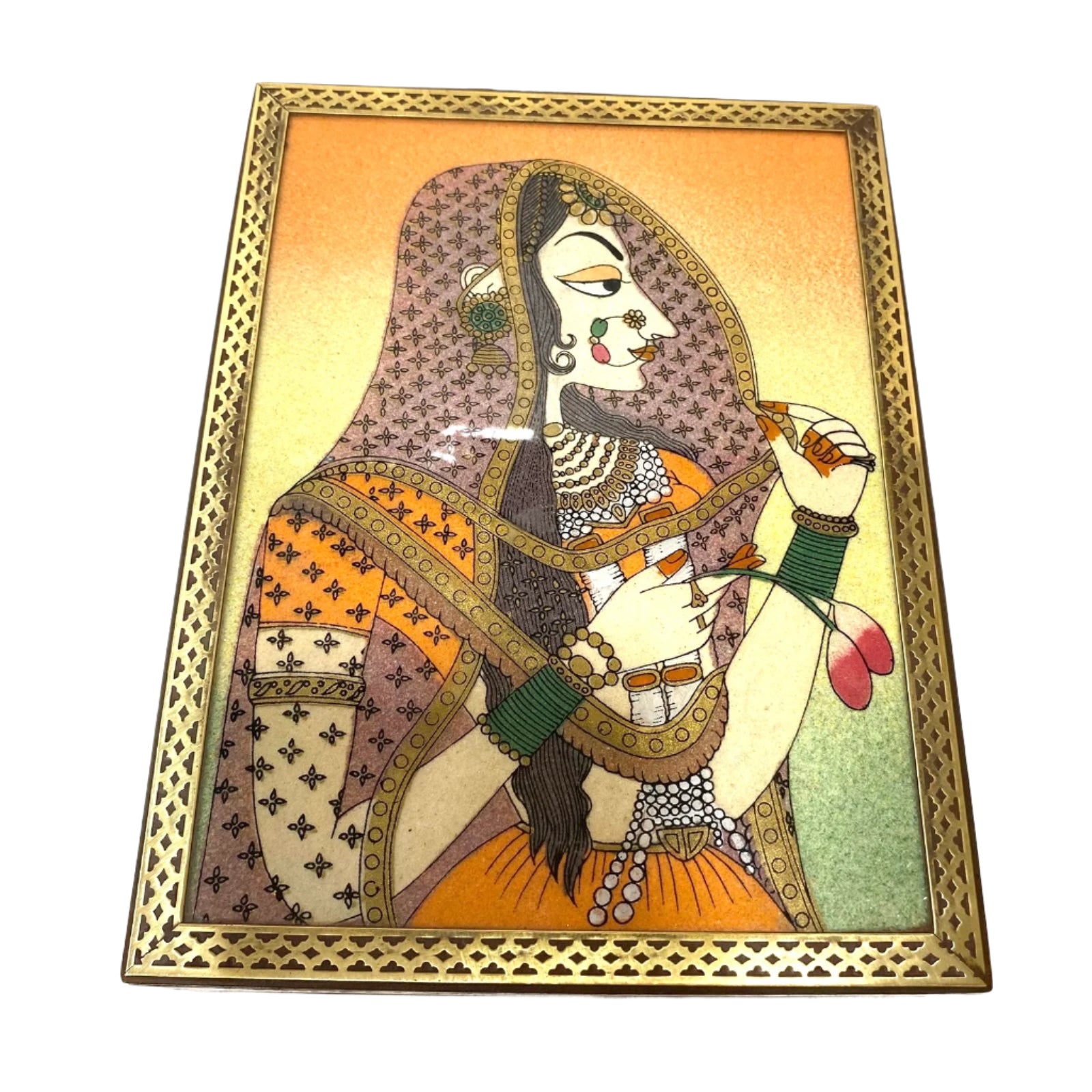 Artistic depiction of a woman in traditional attire with intricate patterns, framed by a decorative gold border.
