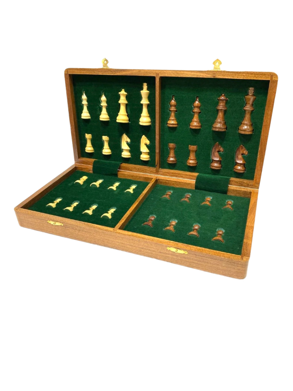 Wooden chess set with green felt interior on a white surface