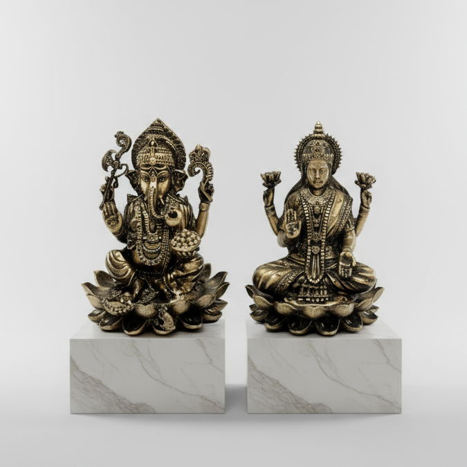 Premium Lord Ganesh Lakshmi Cold Cast Bronze Collectible Set Of 2 By Tamrapatra