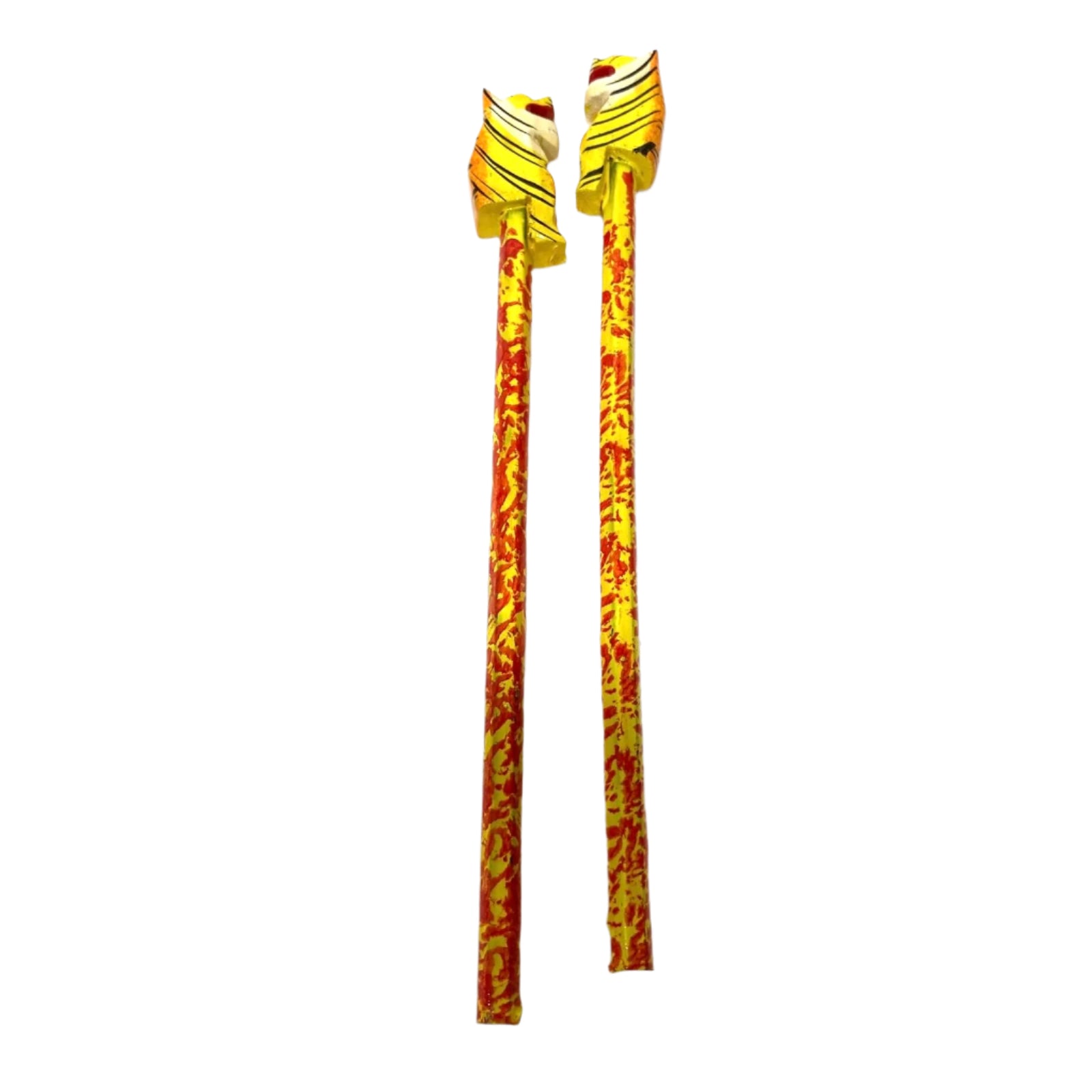Two decorative sticks with gold and red patterns on a white background