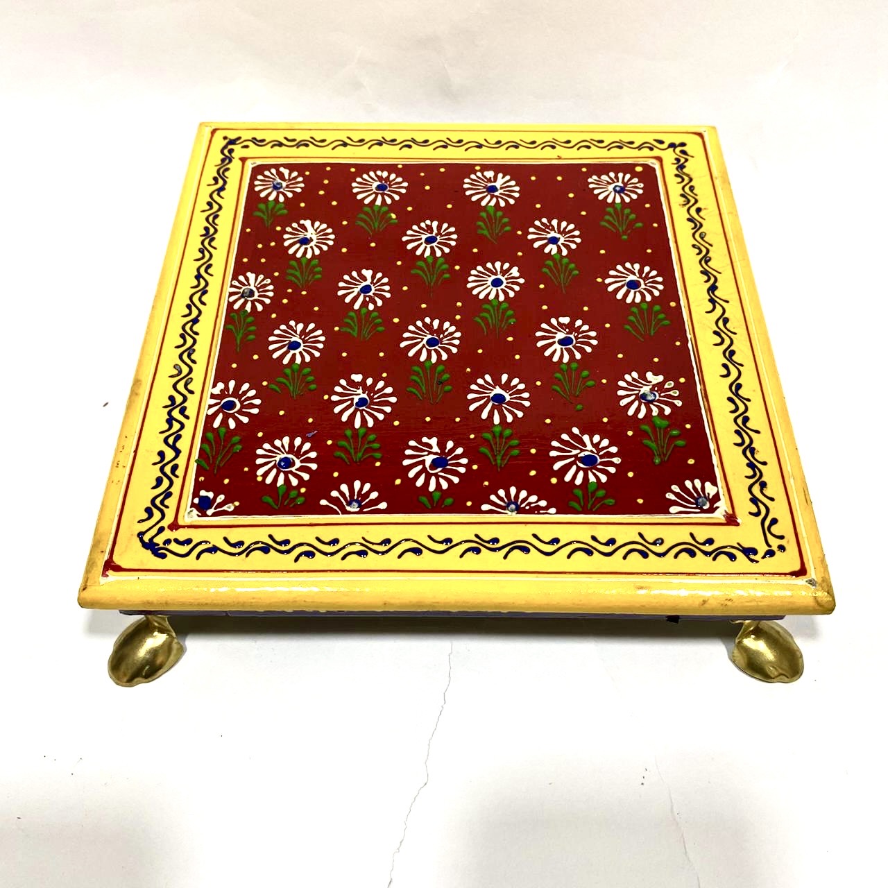 Wooden Hand Painted Chowki Bajoth With Metal Legs Handcrafted By Tamrapatra