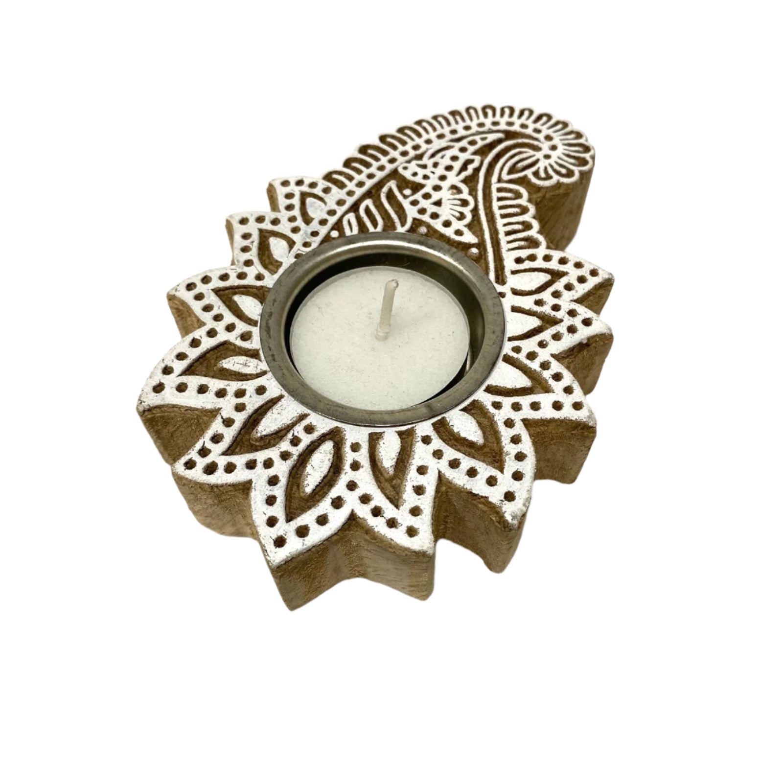 Wooden candle holder with intricate patterns on a white background
