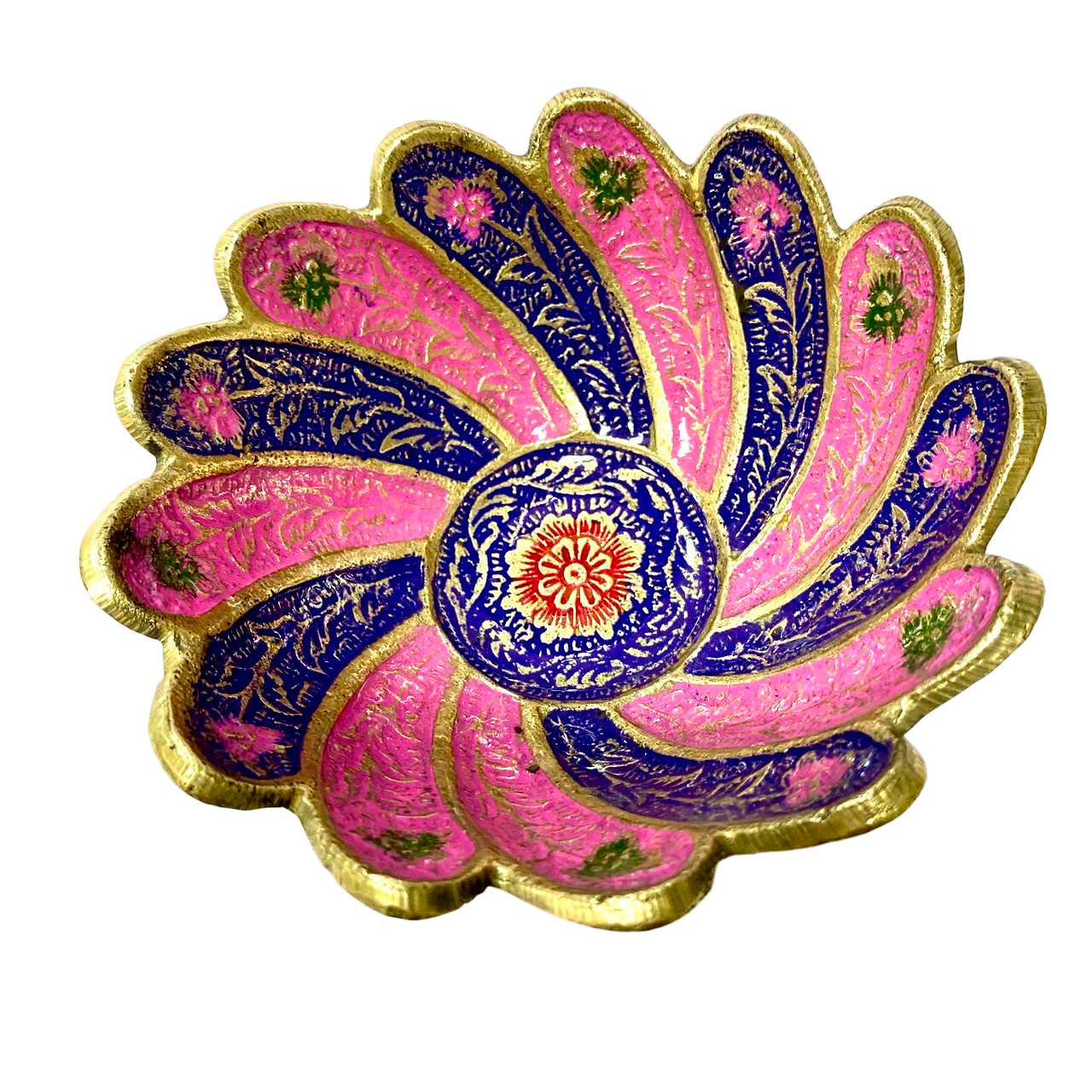 Decorative item with pink and blue floral design on a white background
