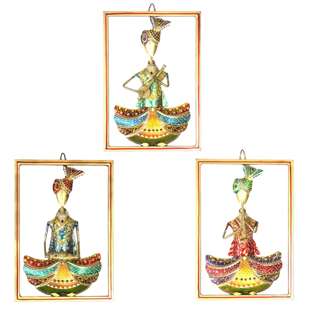Three handcrafted metal frames depicting musicians in traditional attire, each playing a different musical instrument, with decorative elements in colorful colors.