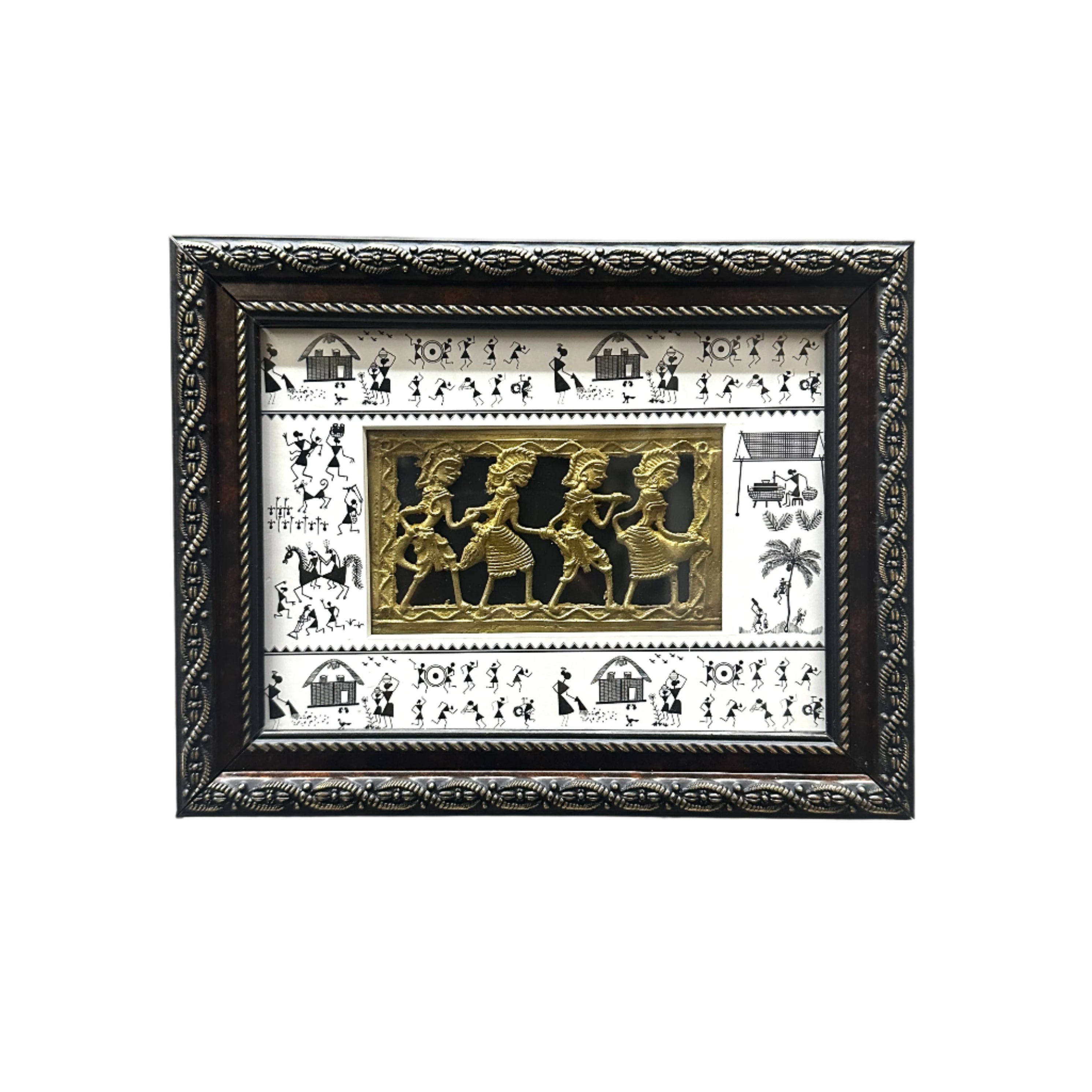Dhokra Figures Enclosed In Warli Art Frame Hanging Excellent Choice By Tamrapatra - Tamrapatra