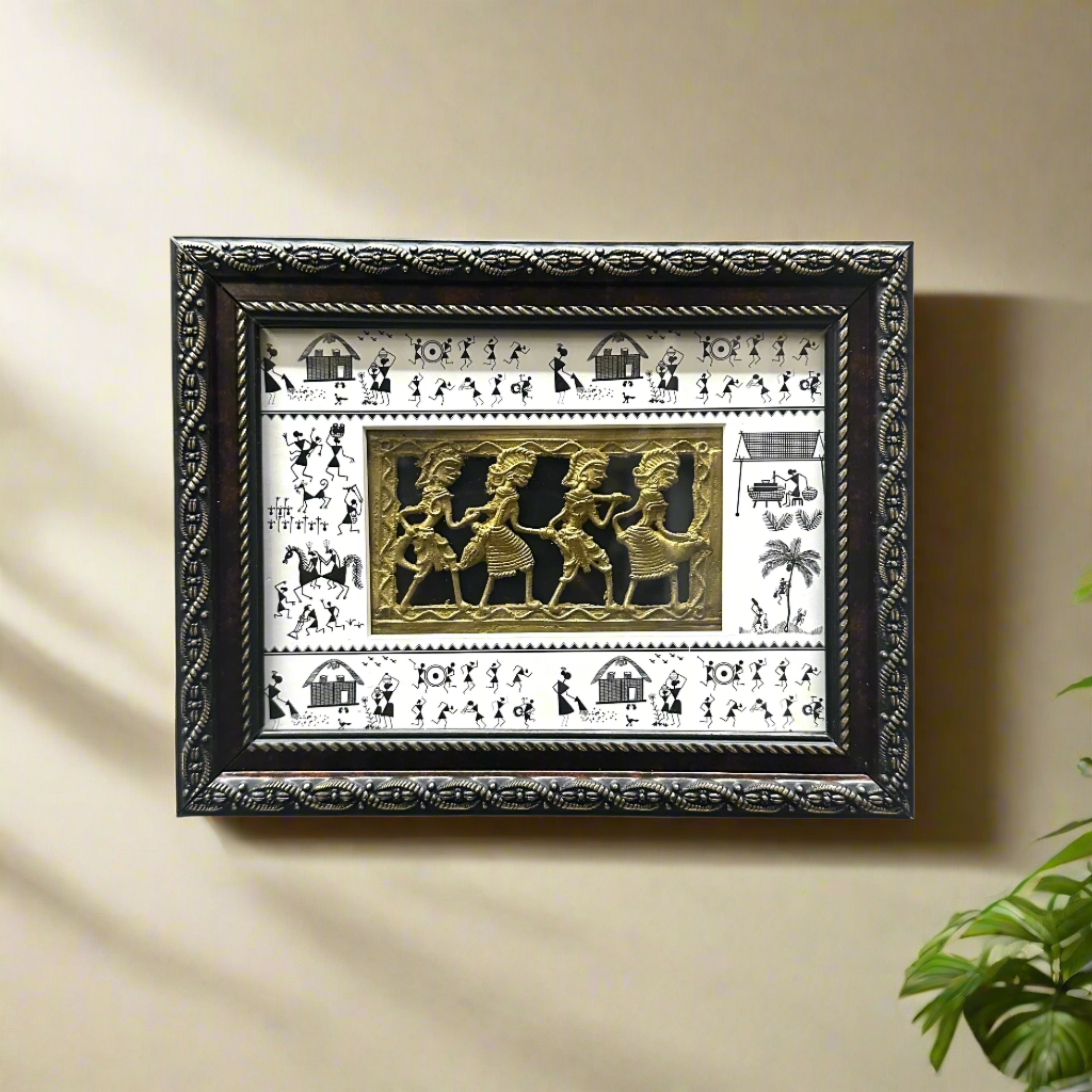 Dhokra Figures Enclosed In Warli Art Frame Hanging Excellent Choice By Tamrapatra - Tamrapatra