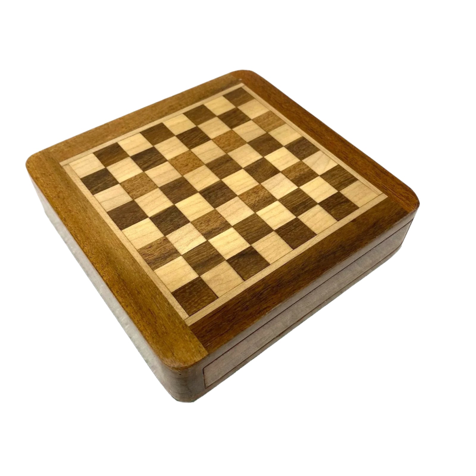 Wooden chess board with checkered pattern on a white background
