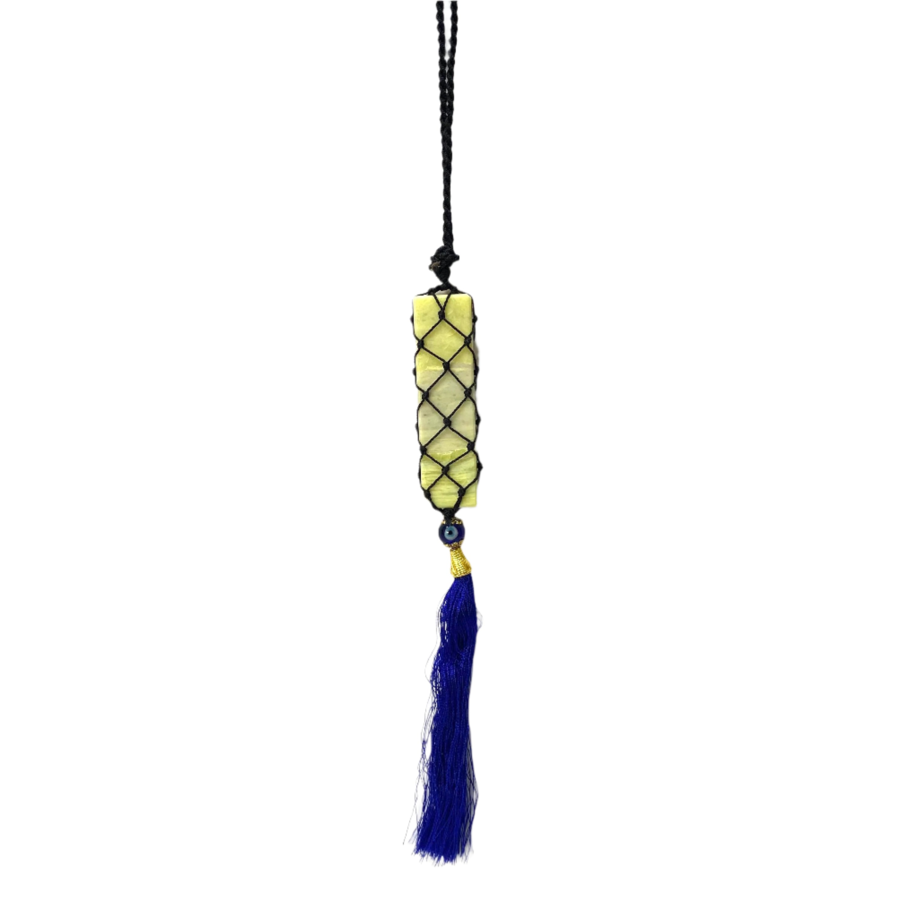 Necklace with a yellow woven pendant and blue tassel on a white background