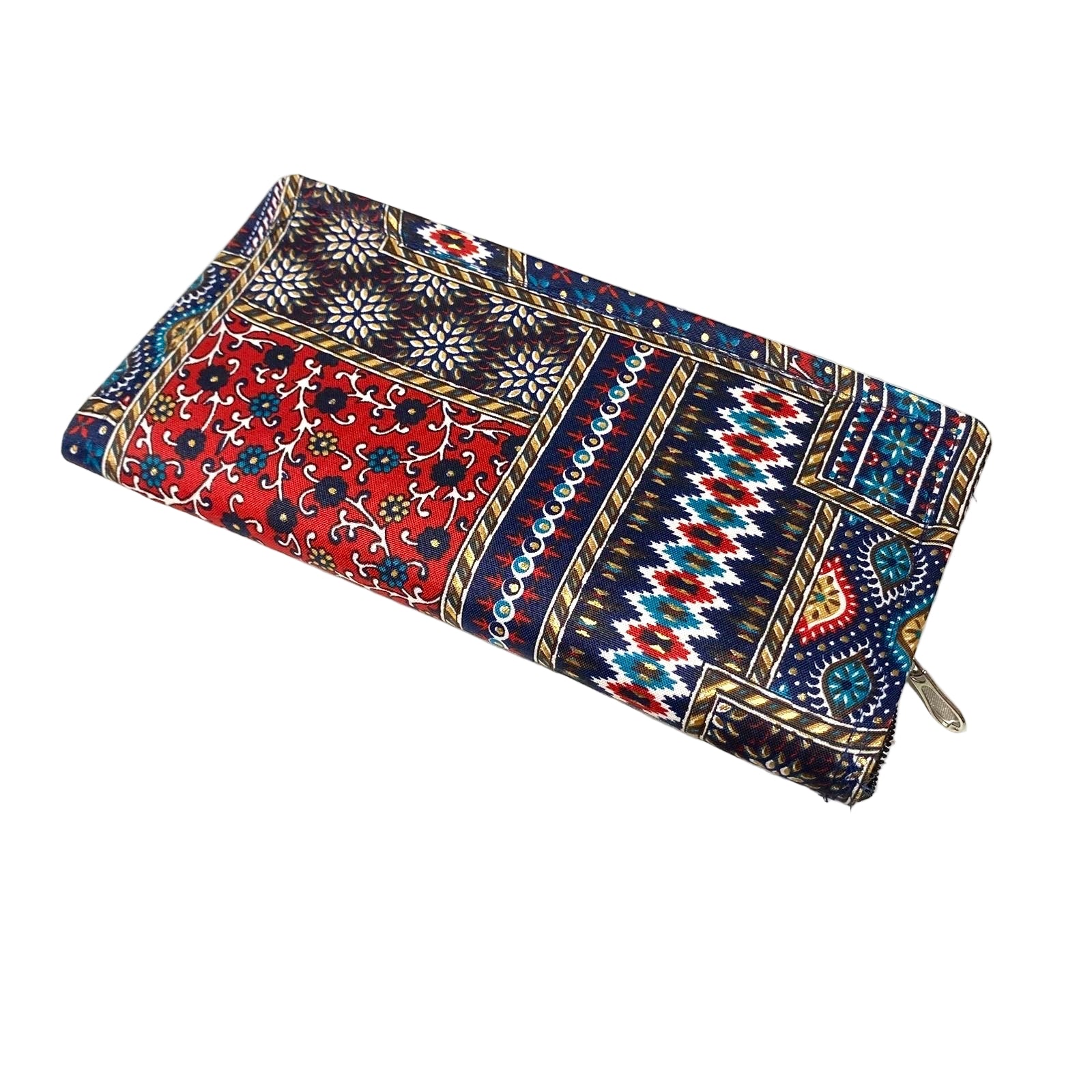 Colorful patterned clutch bag on a white background