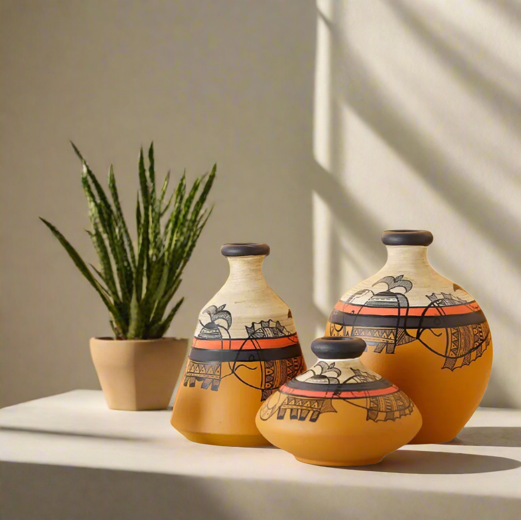 Modern Mustard Style Terracotta Pots Madhubani Hand Painted By Tamrapatra