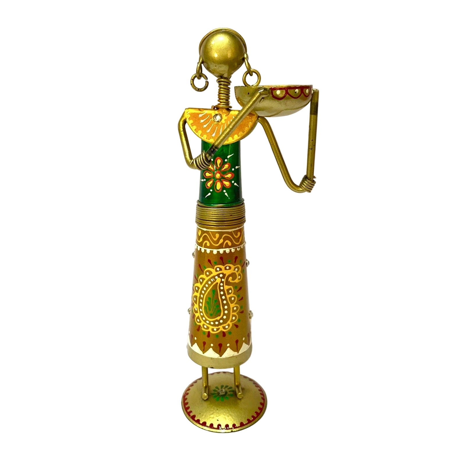Decorative figurine with gold and green colors on a white background