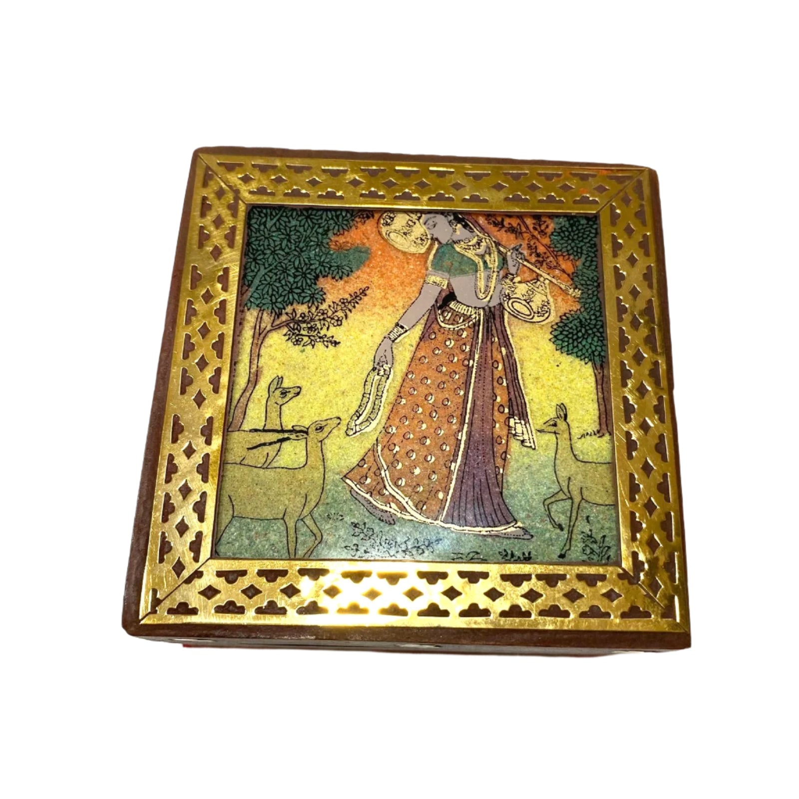 Decorative box with a gold frame and a painted scene of a woman and deer on a white background