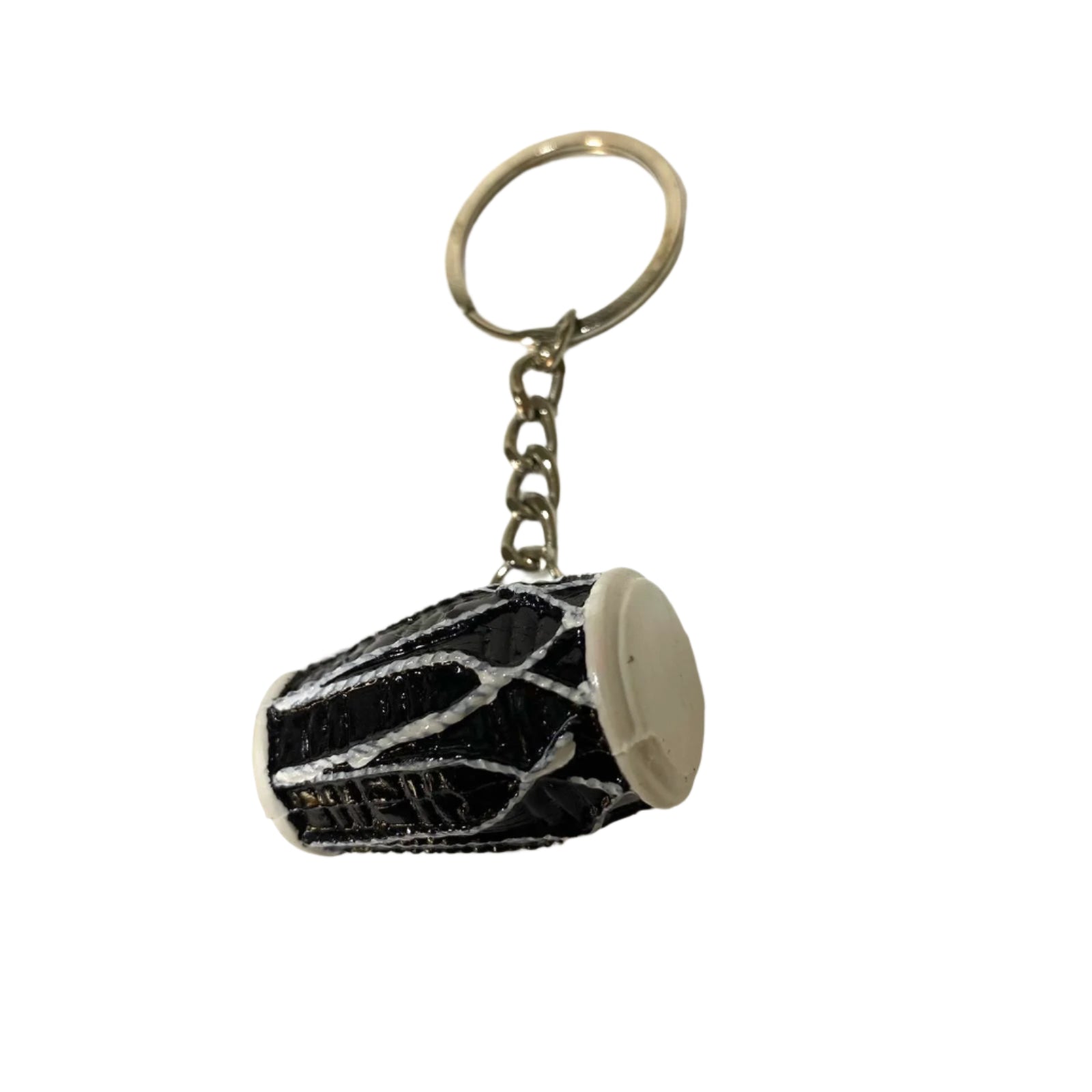 Keychain with a black and white patterned design on a white background