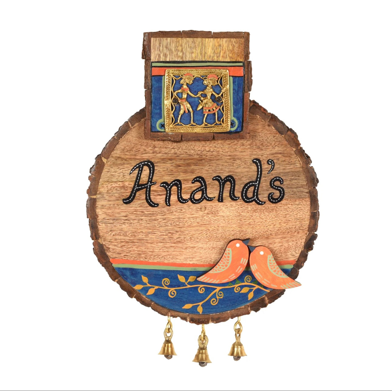Round Wooden Name Plate Birds Theme With Dhokra Art Handmade By Tamrapatra