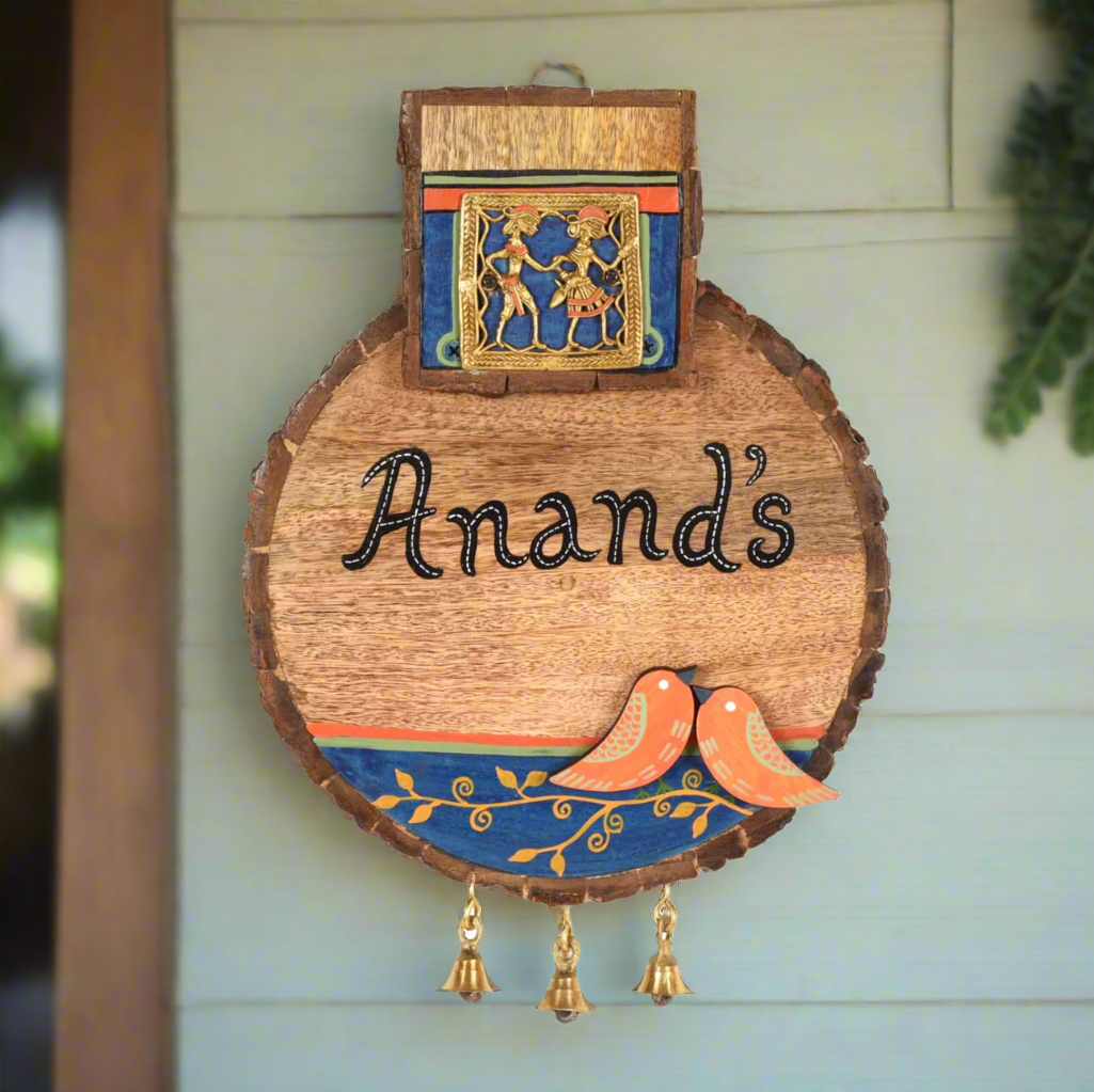 Round Wooden Name Plate Birds Theme With Dhokra Art Handmade By Tamrapatra
