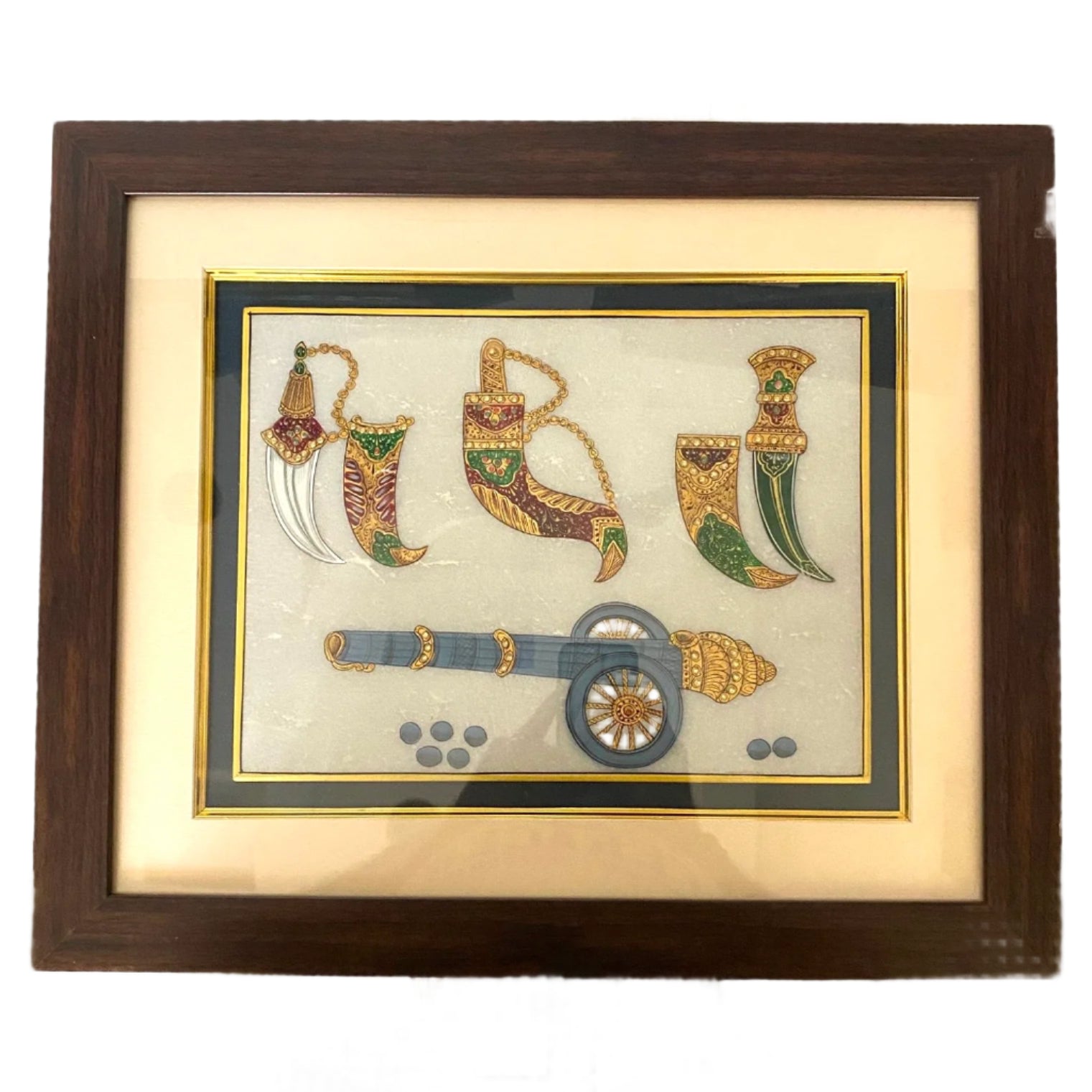 Framed artwork of decorative knives on a white background