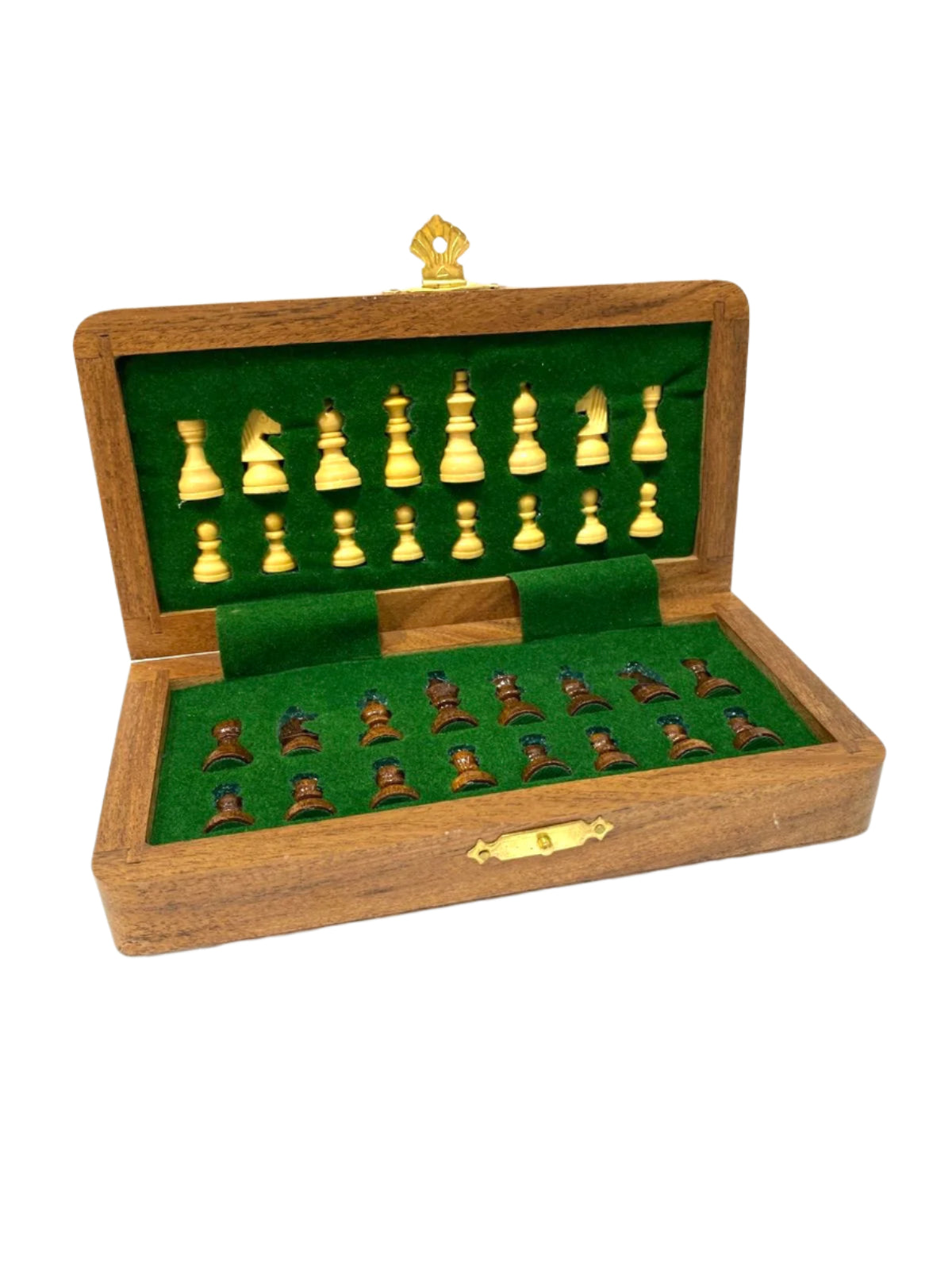 Wooden chess set with green felt interior on a white background