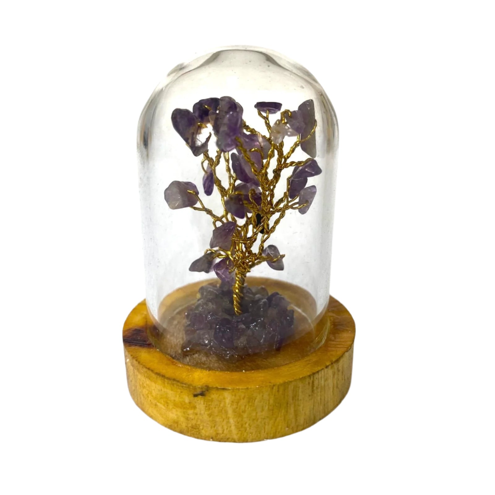 Decorative piece with purple crystals and gold branches inside a glass dome on a wooden base.