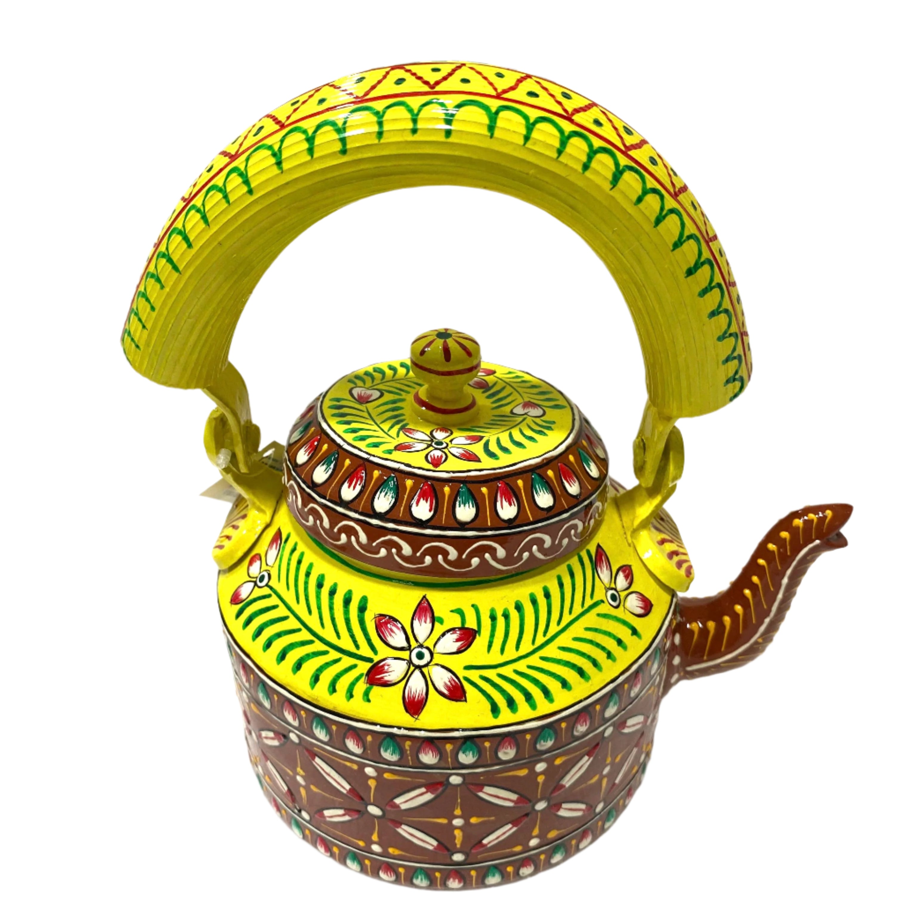 Decorative teapot with colorful patterns on a white background