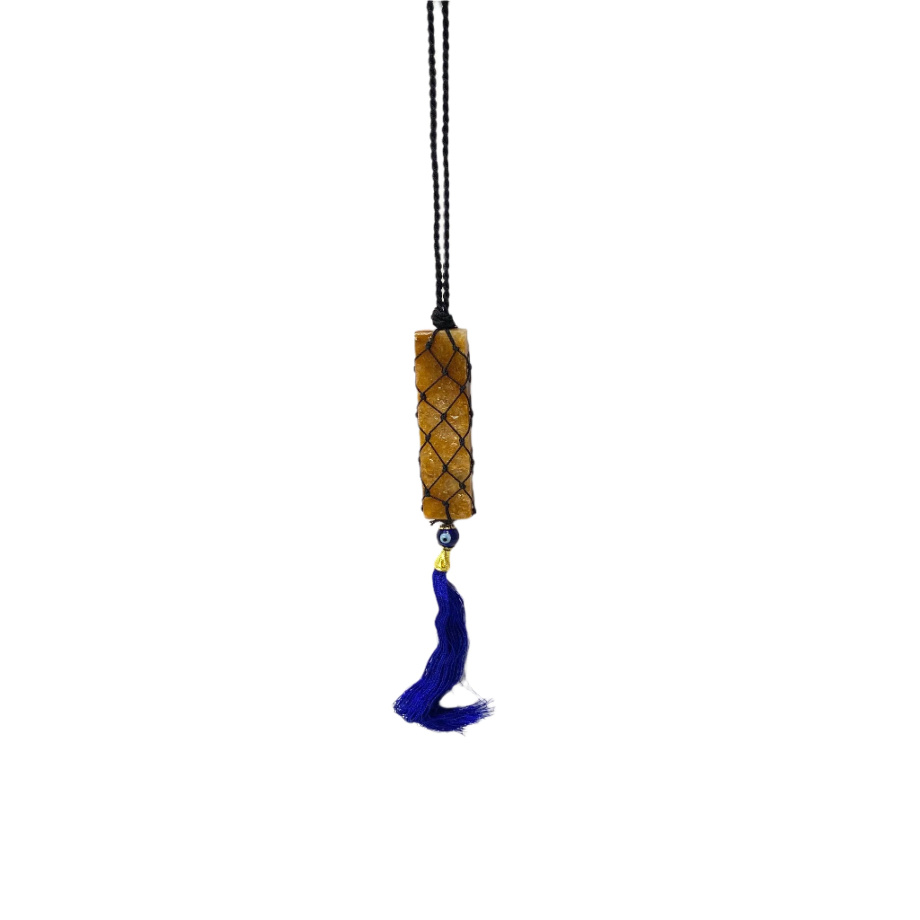 Necklace with a blue tassel on a white background