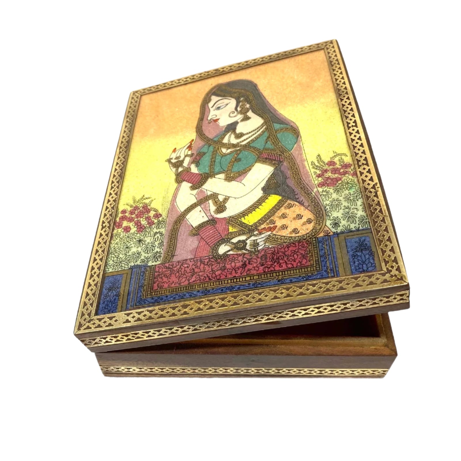 Decorative box with a painted design of a woman on the lid
