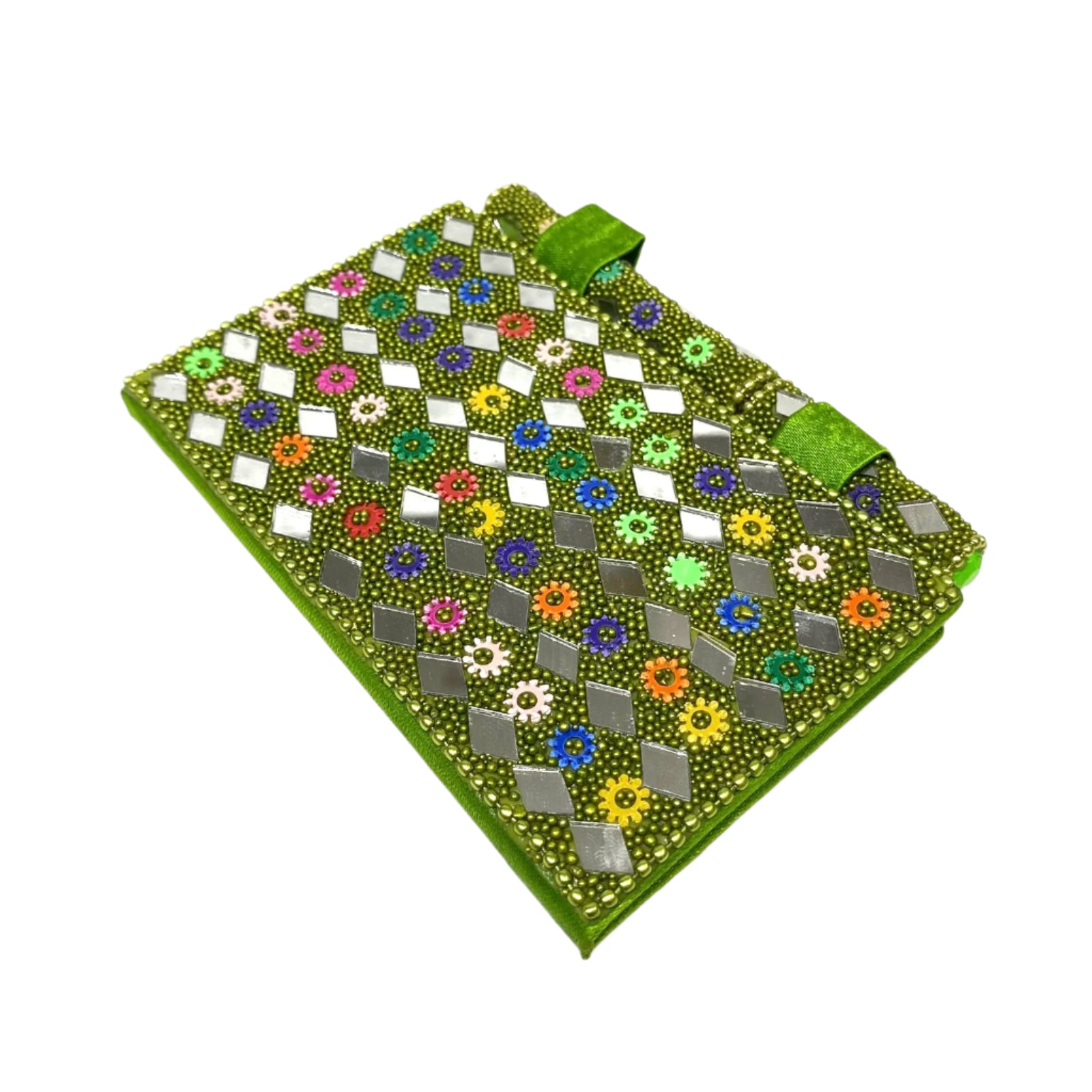 Green mosaic square with colorful patterns on a white background