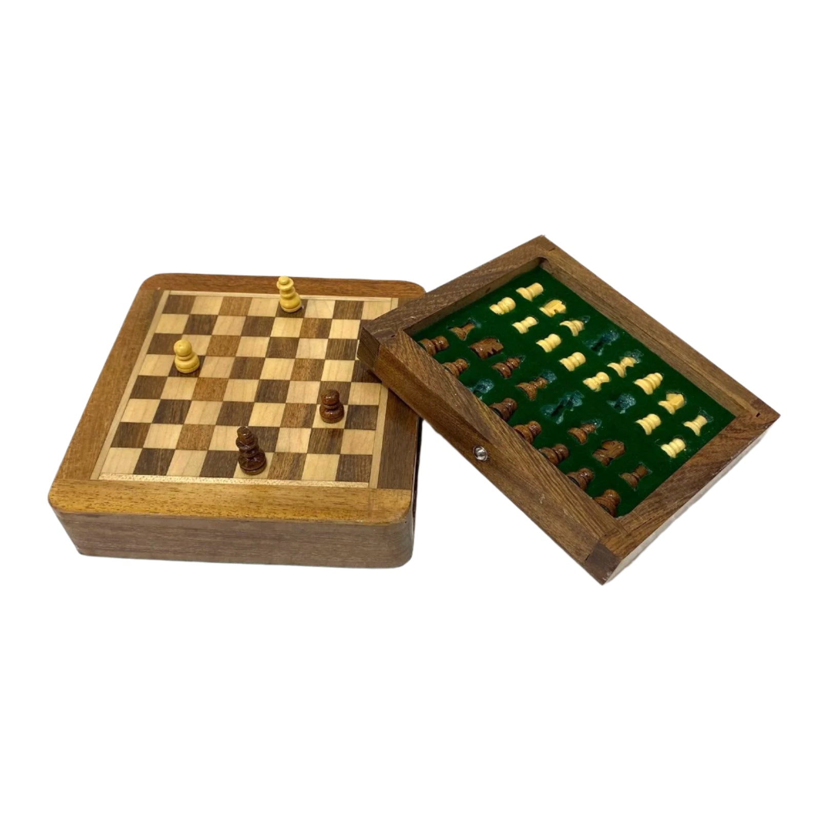 Wooden chess set with checkered board and pieces on a white background