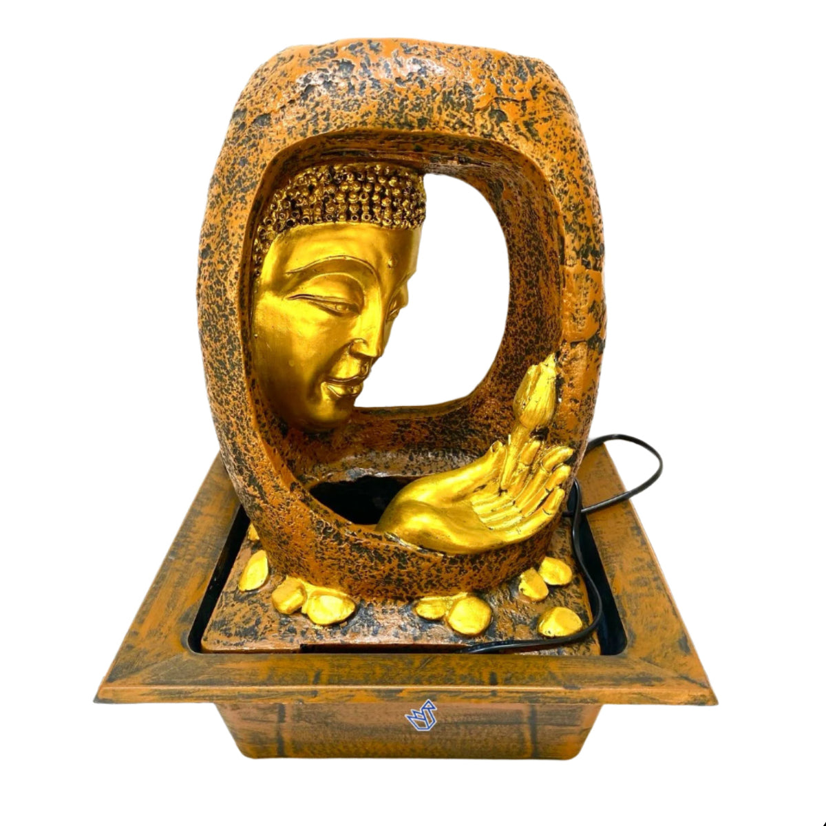 A bronze-colored metal fountain featuring a Buddha face sculpture with water basin and LED lights.