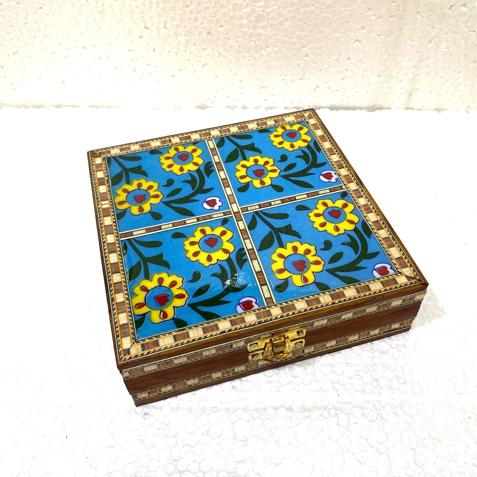 Blue Pottery Tile Wooden Box Storage Utility Jewelry New Arrival Tamrapatra