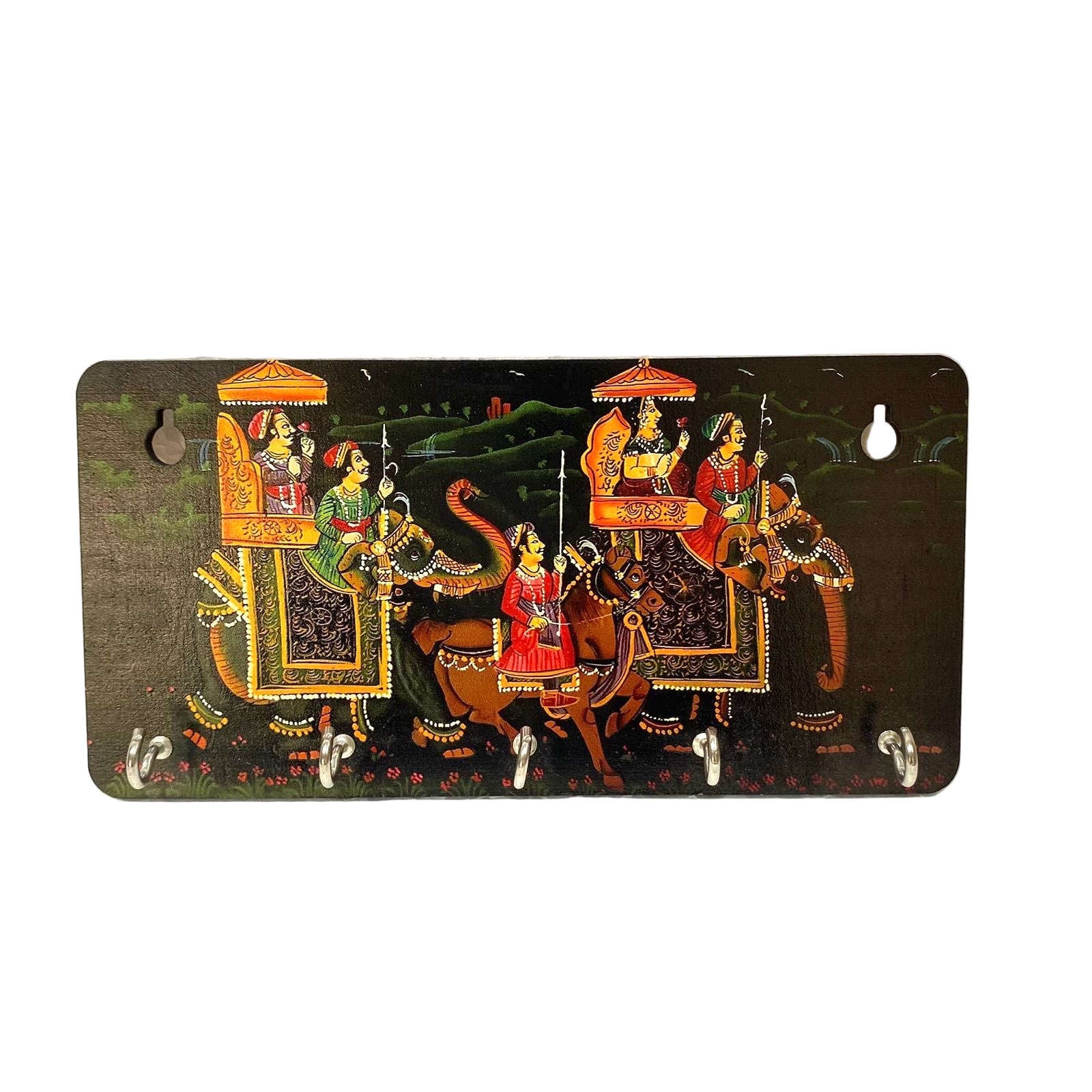 Decorative key holder with artistic design of people and elephants on a black background