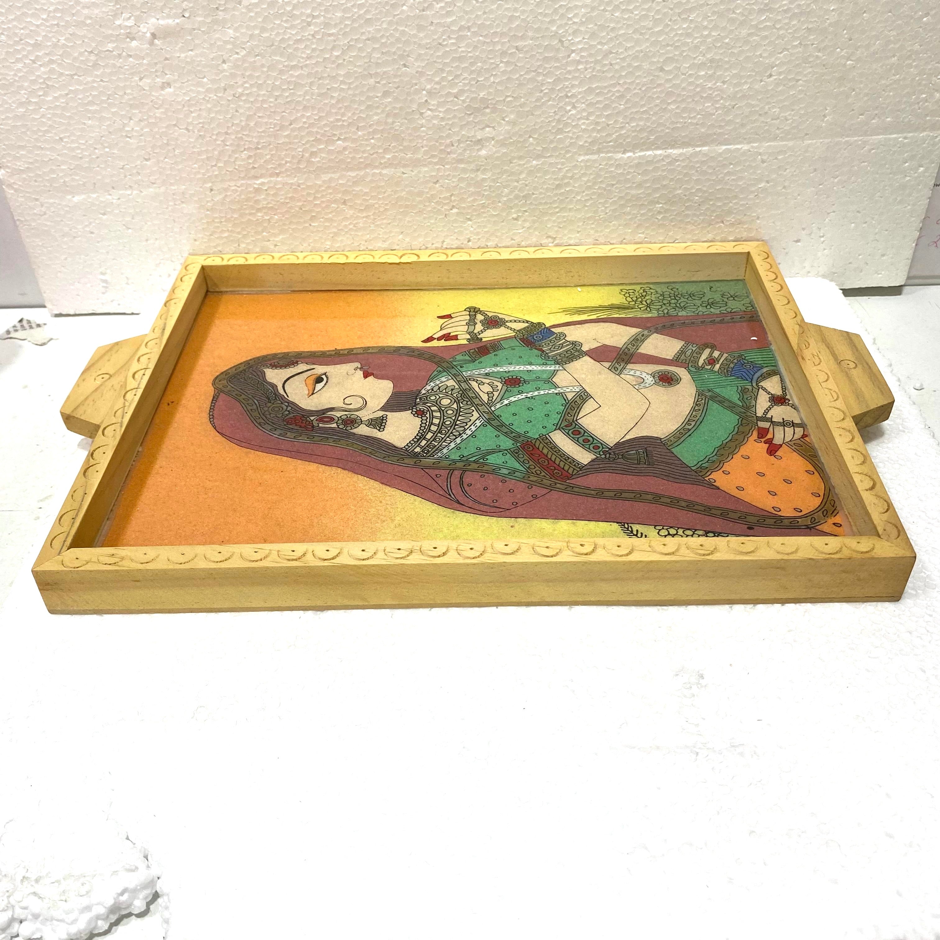 Wooden Gemstone Tray Ragini Painting Style Handmade Gifts Tamrapatra - Tamrapatra