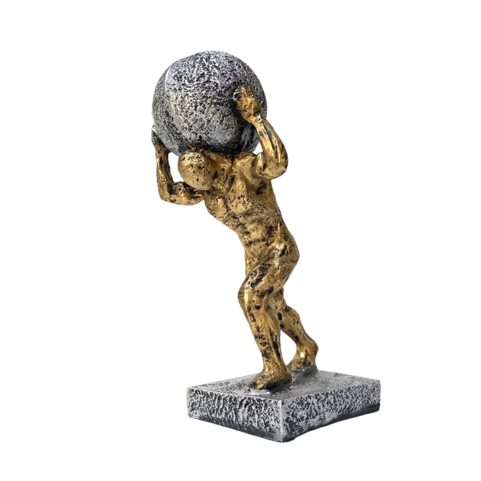 Statue of a figure carrying a large ball on its head, placed on a white surface.