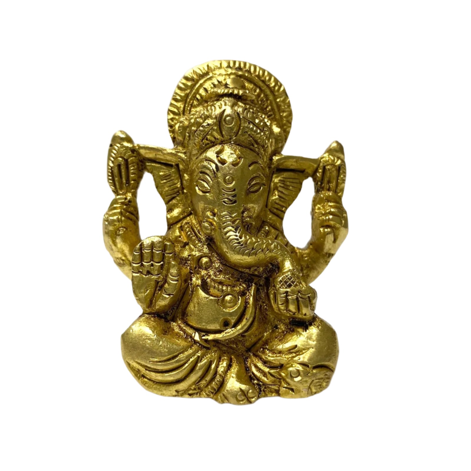 Gold-colored statue of a deity on a white background