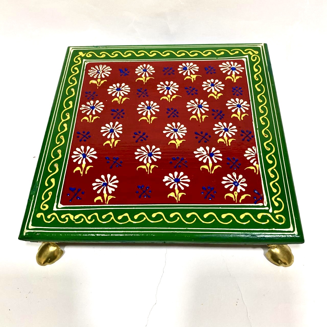 Wooden Hand Painted Chowki Bajoth With Metal Legs Handcrafted By Tamrapatra