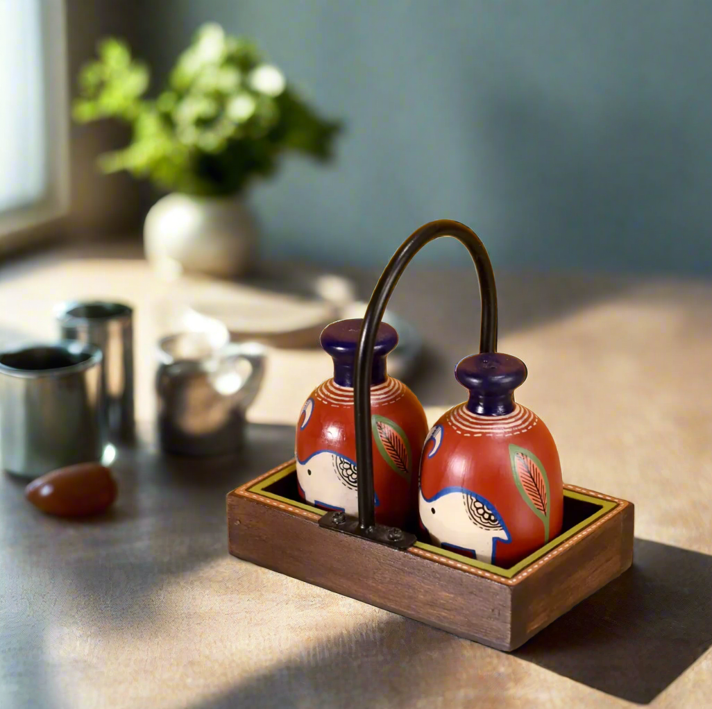 Salt Pepper Shakers In Terracotta Hand Painted In Wooden Tray Utility By Tamrapatra