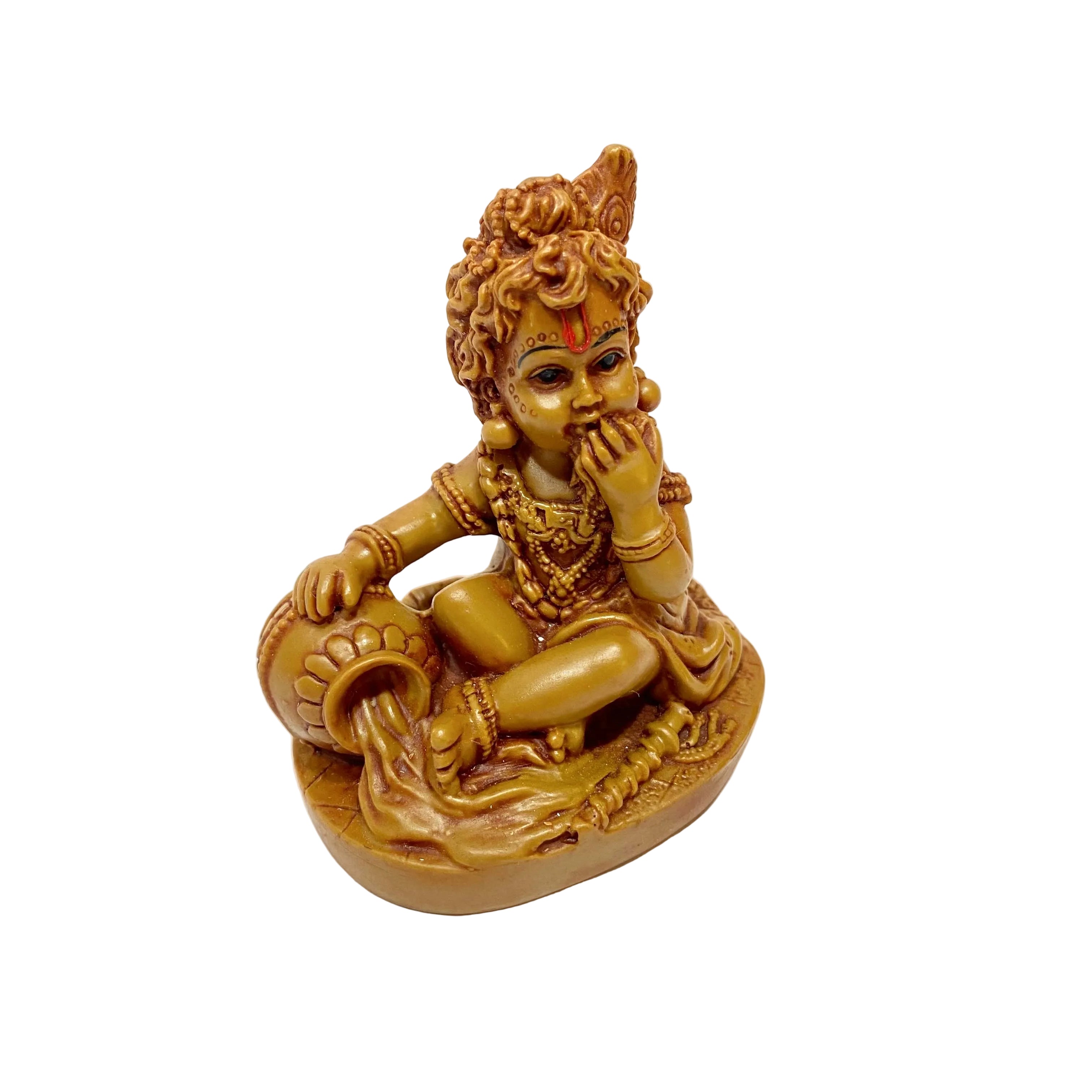 Brown figurine of a seated deity on a white background